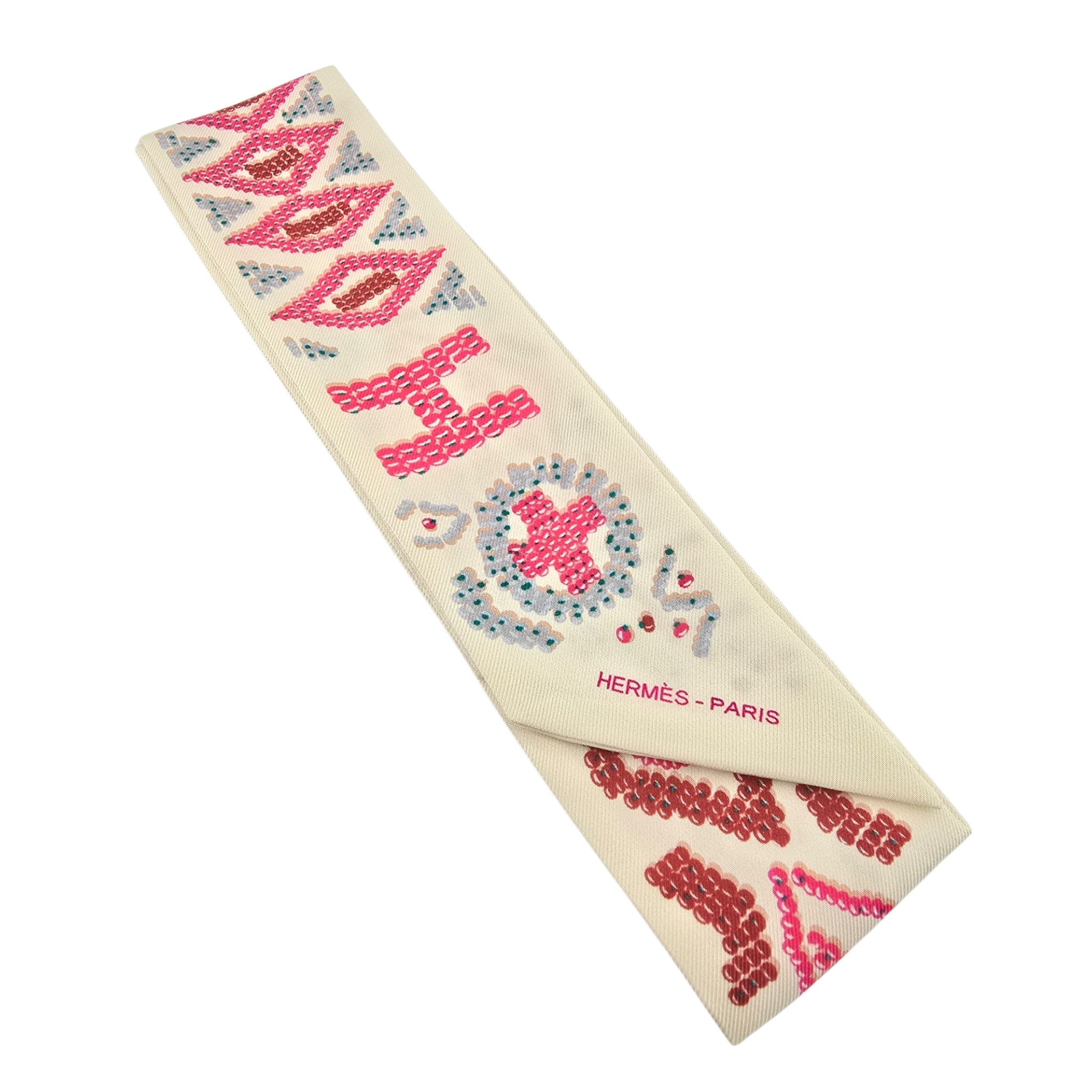 Hermes Silk Kelly En Perles Twilly Creme Framboise HERMES