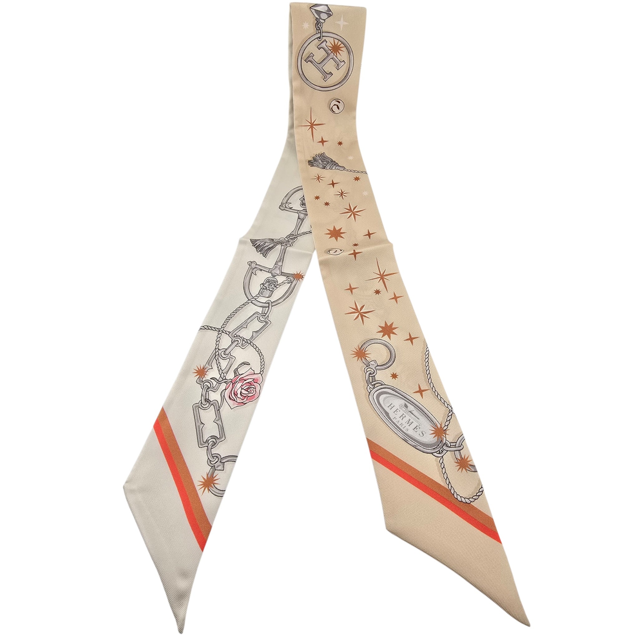 Hermes Silk Twilly C'est la Fete Beige Rose Caramel Whitev HERMES