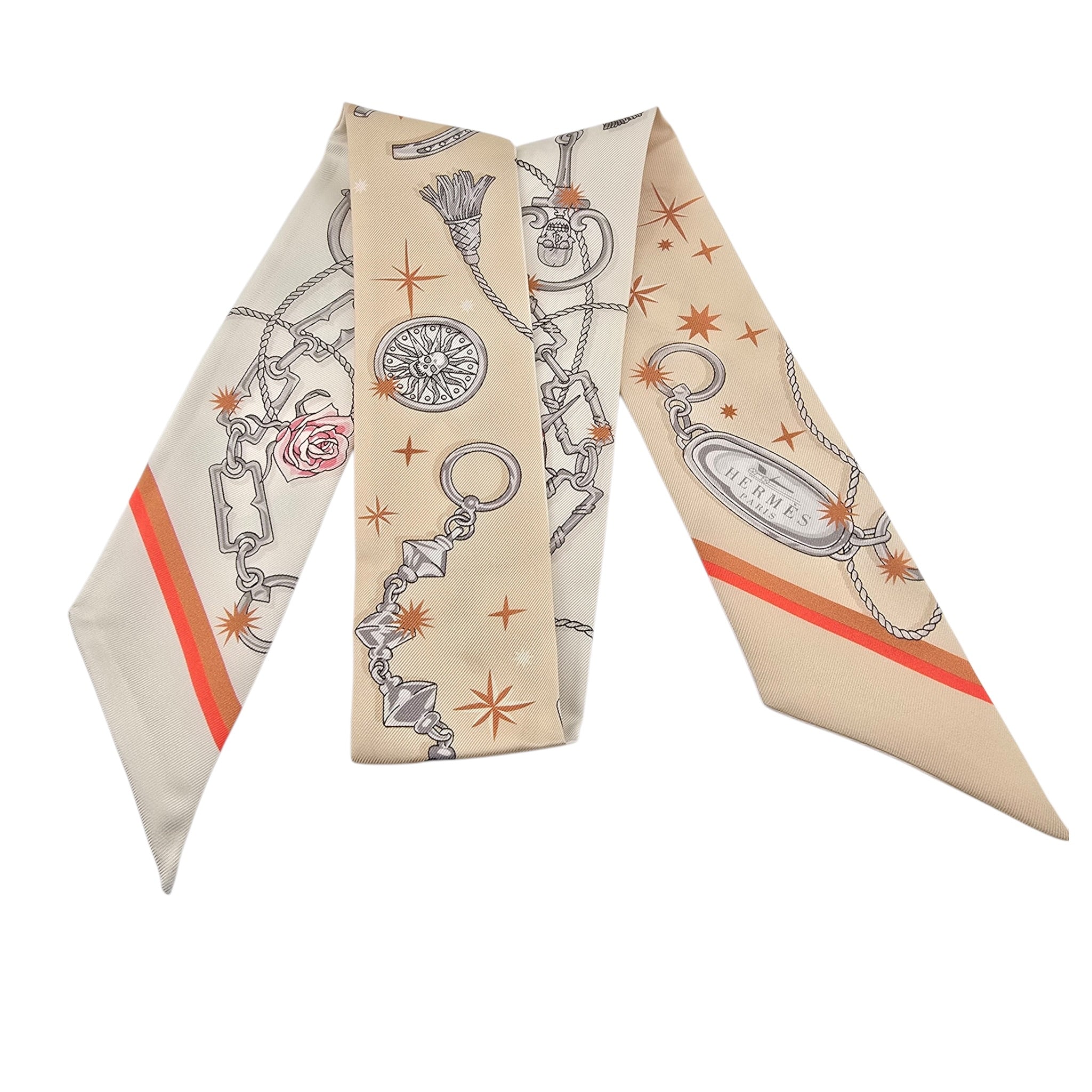 Hermes Silk Twilly C'est la Fete Beige Rose Caramel Whitev HERMES