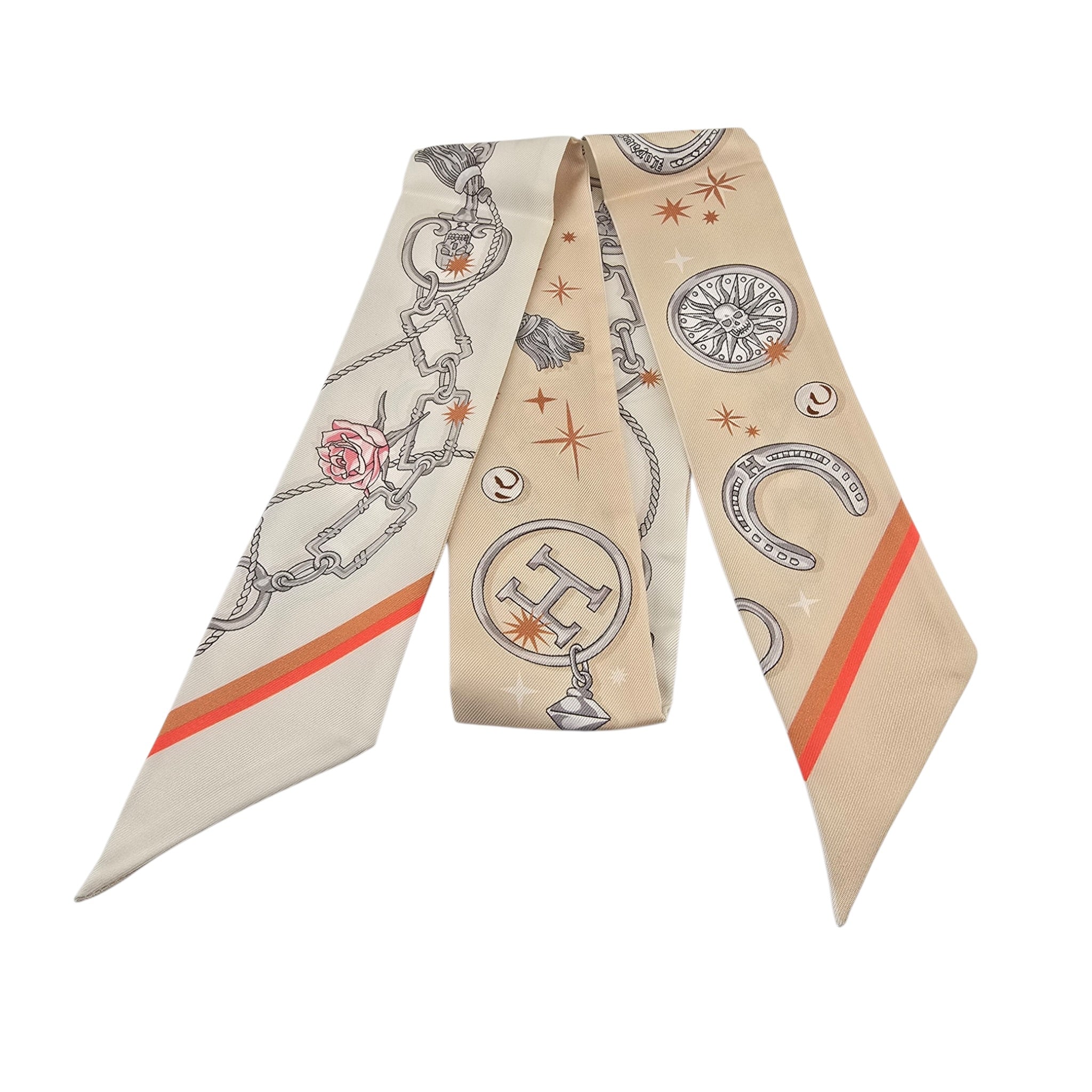Hermes Silk Twilly C'est la Fete Beige Rose Caramel Whitev HERMES