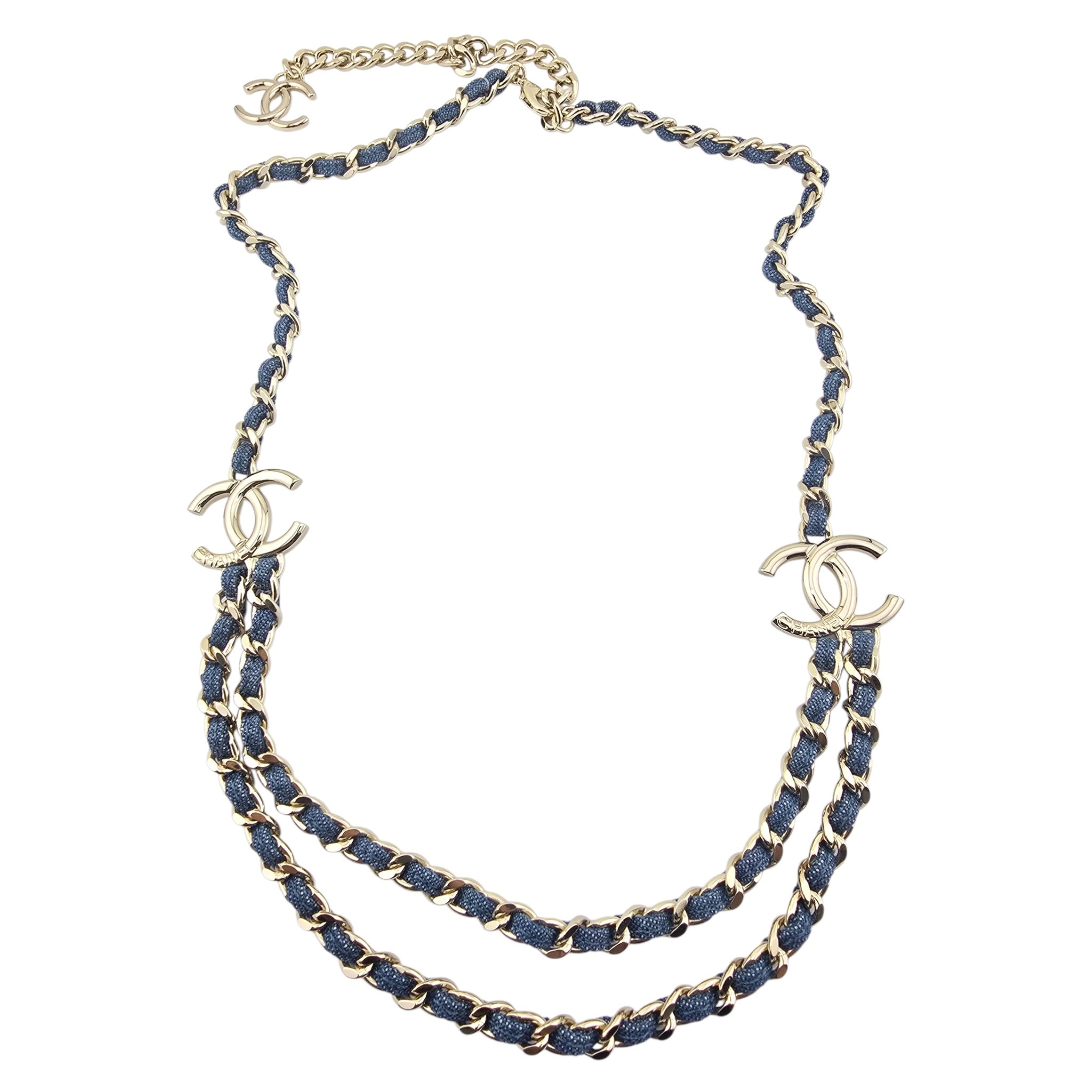 Chanel CC Blue Denim Gold Double Chain Necklace 2025 CHANEL