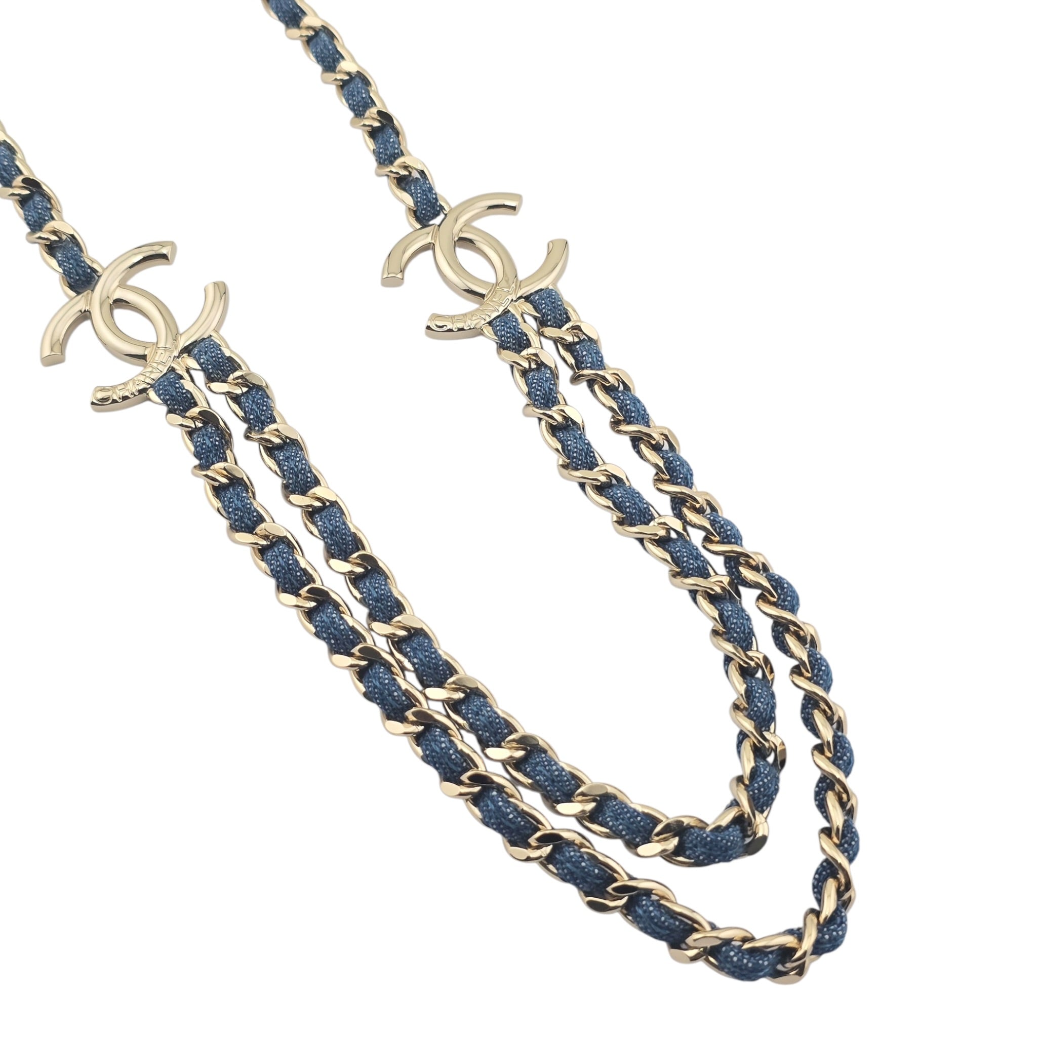 Chanel CC Blue Denim Gold Double Chain Necklace 2025 CHANEL