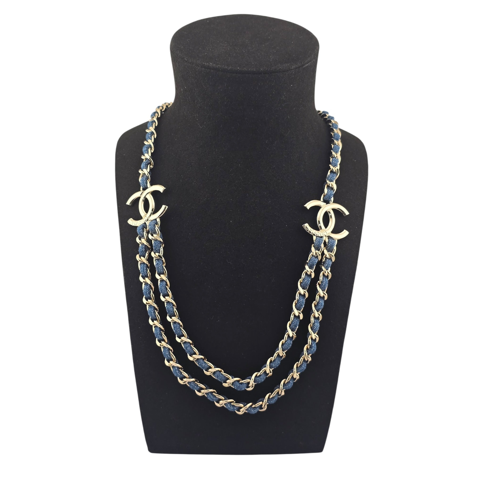 Chanel CC Blue Denim Gold Double Chain Necklace 2025 CHANEL