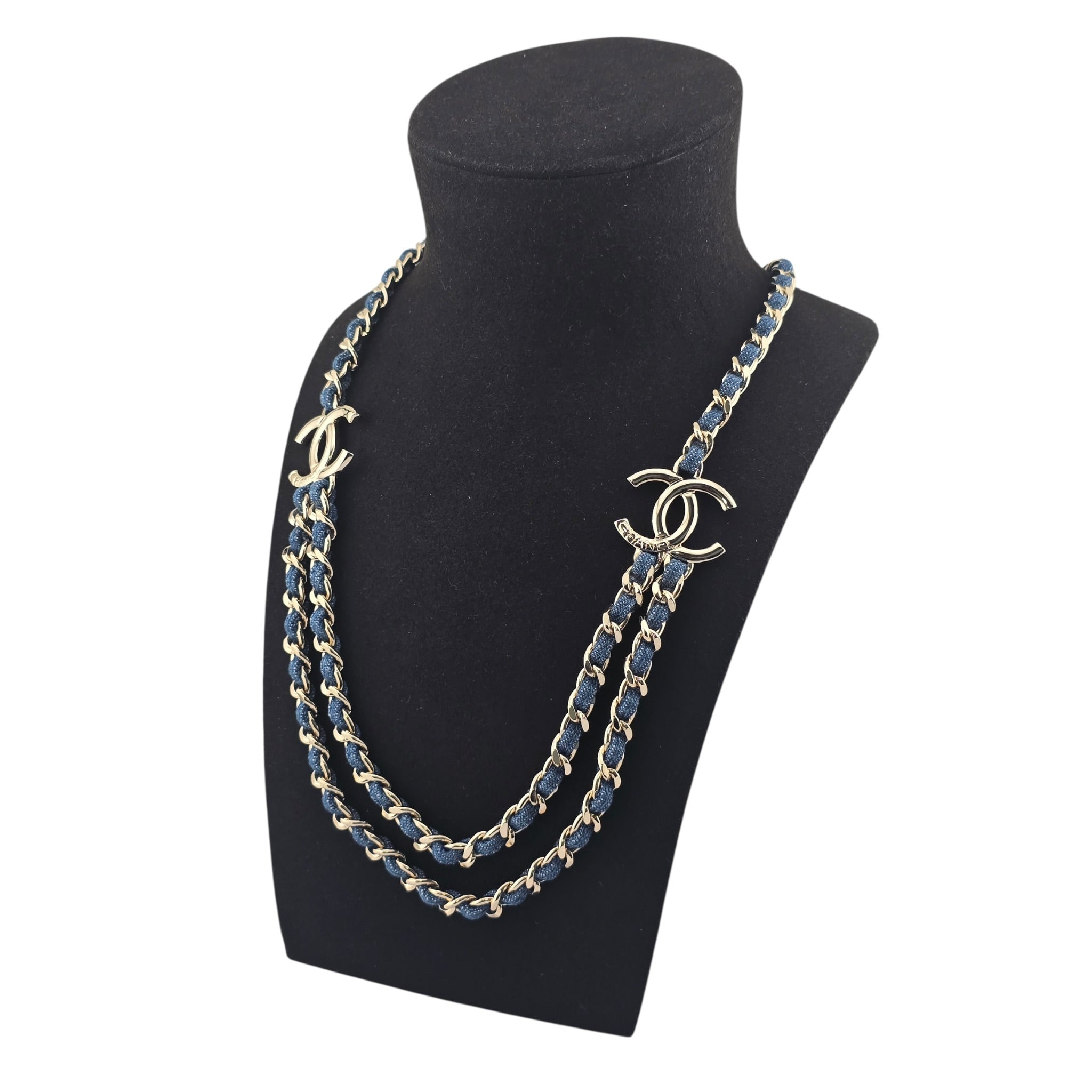 Chanel CC Blue Denim Gold Double Chain Necklace 2025 CHANEL