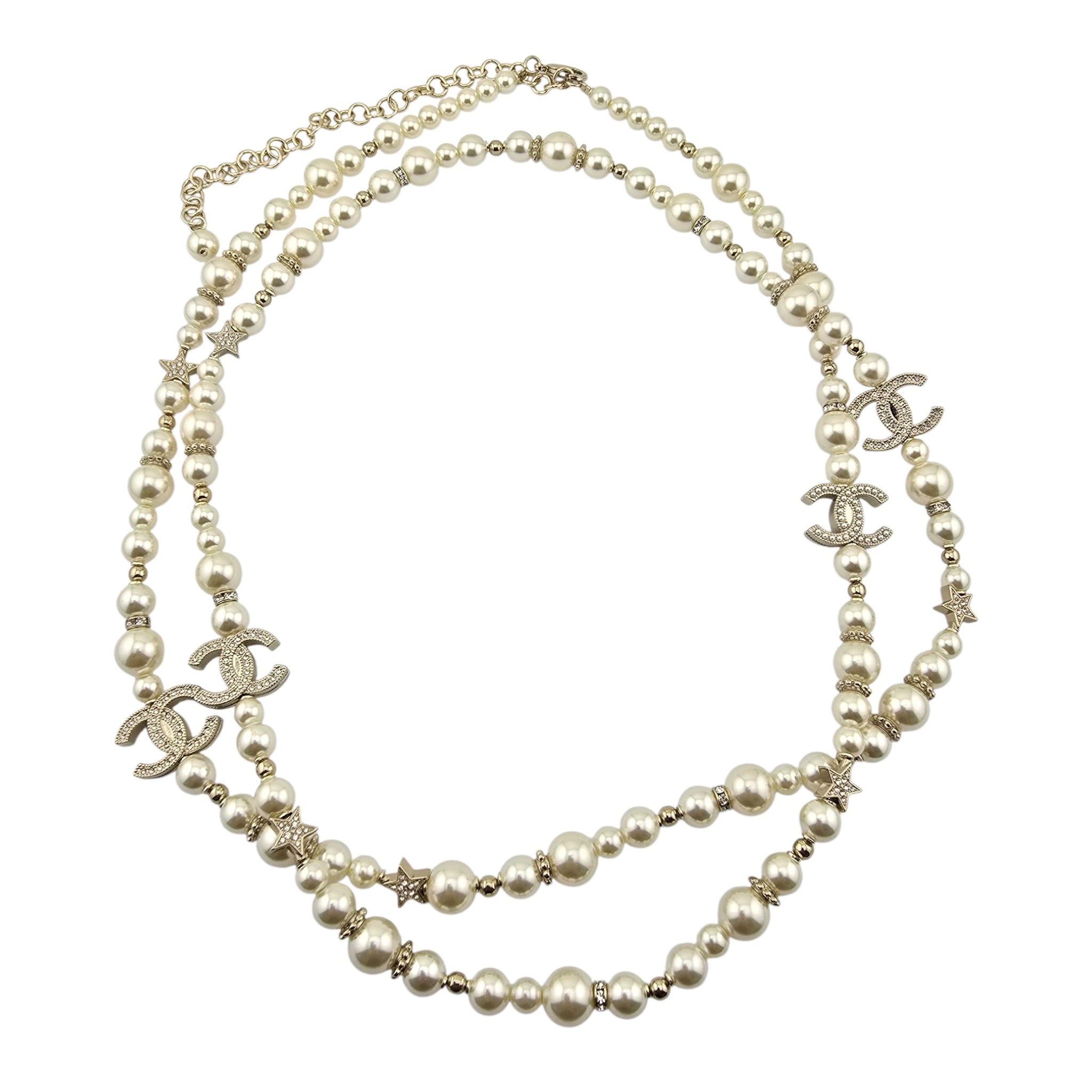 Chanel CC Long Faux Pearl Necklace Star Crystals 2025 CHANEL