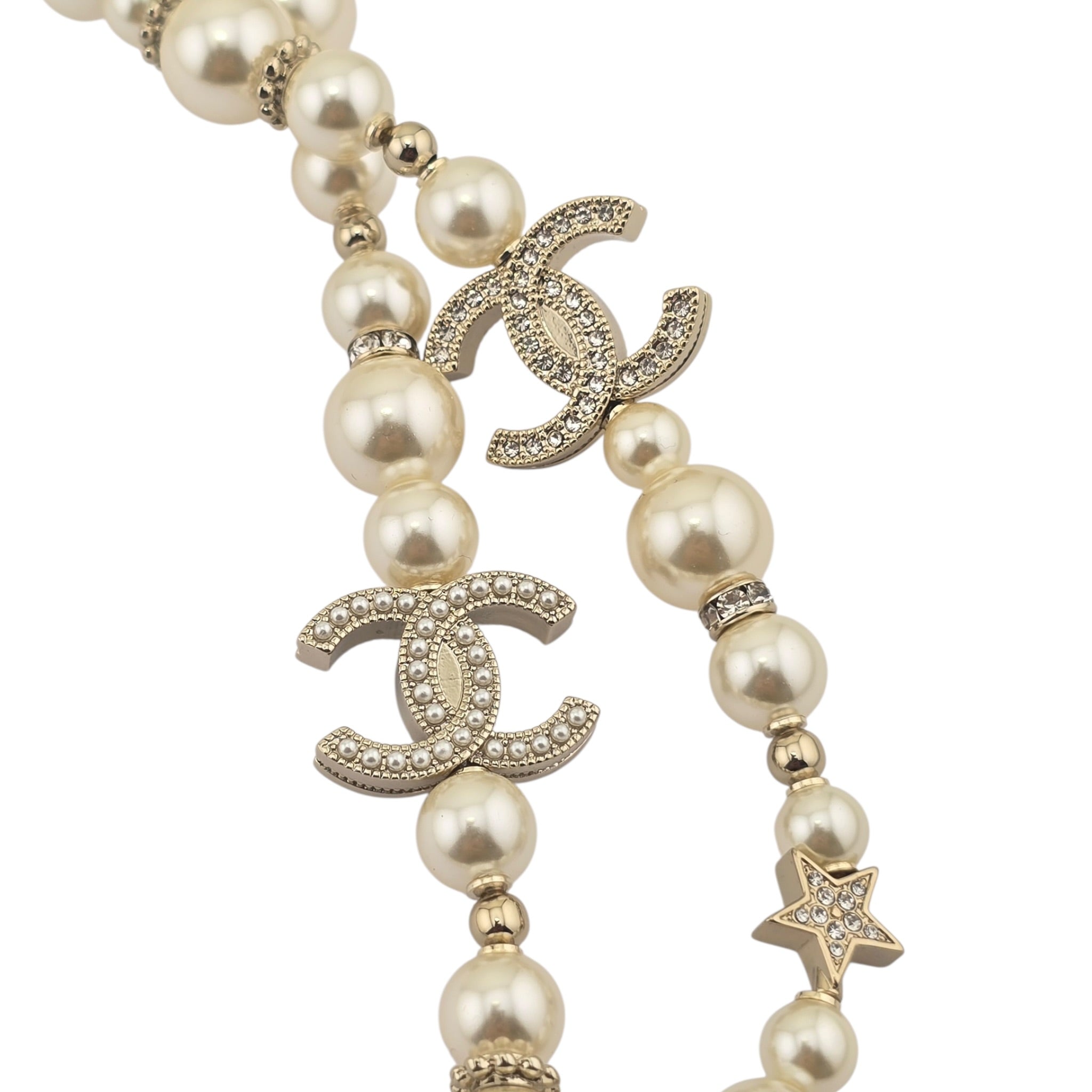 Chanel CC Long Faux Pearl Necklace Star Crystals 2025 CHANEL