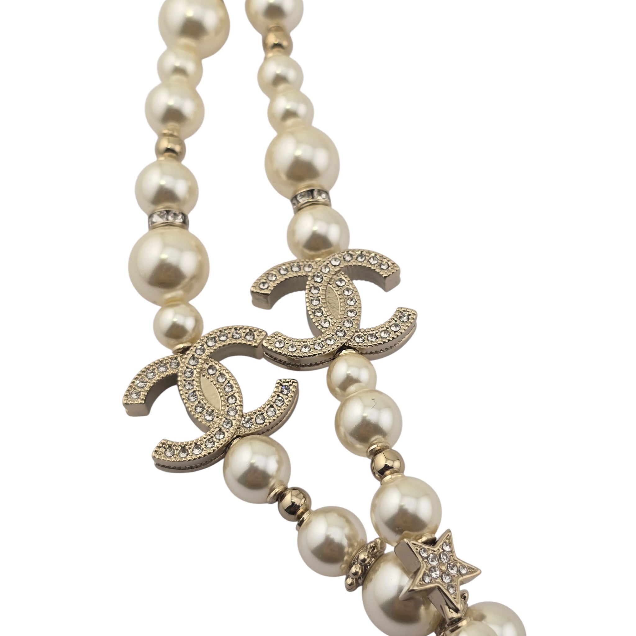 Chanel CC Long Faux Pearl Necklace Star Crystals 2025 CHANEL