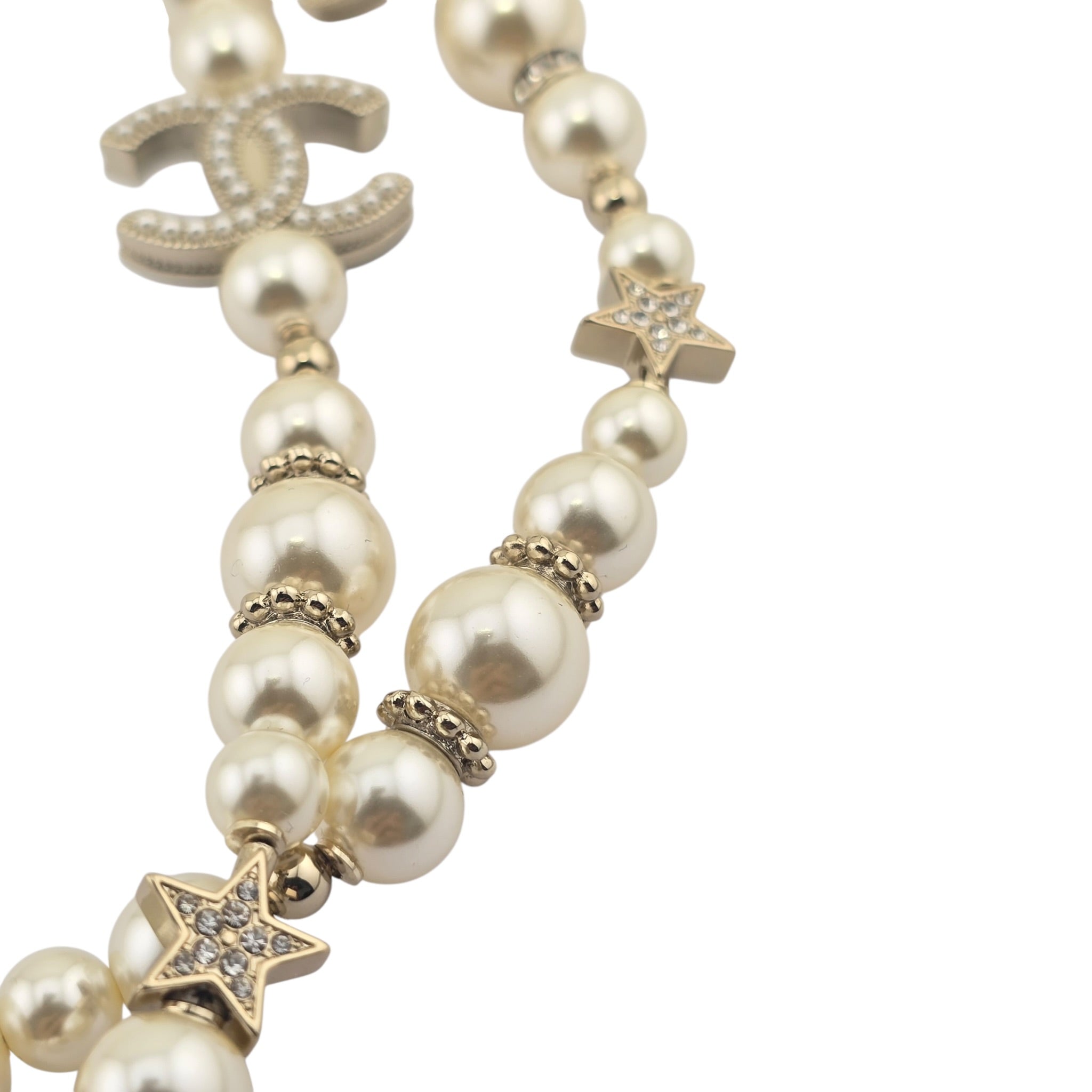 Chanel CC Long Faux Pearl Necklace Star Crystals 2025 CHANEL