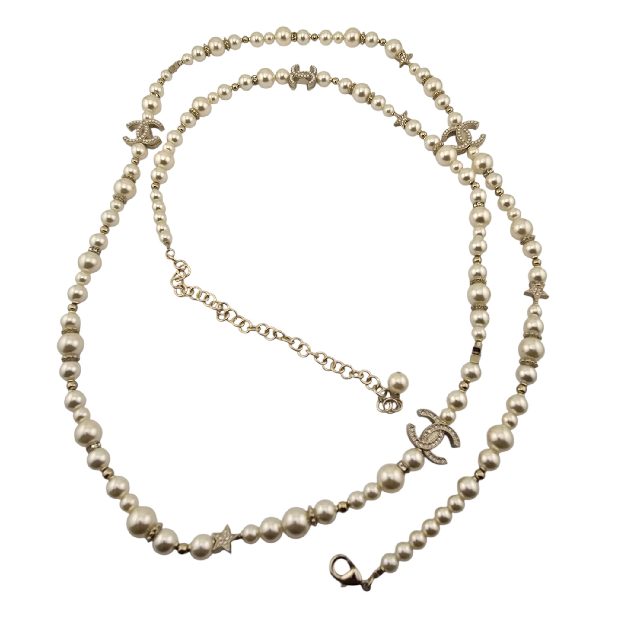 Chanel CC Long Faux Pearl Necklace Star Crystals 2025 CHANEL