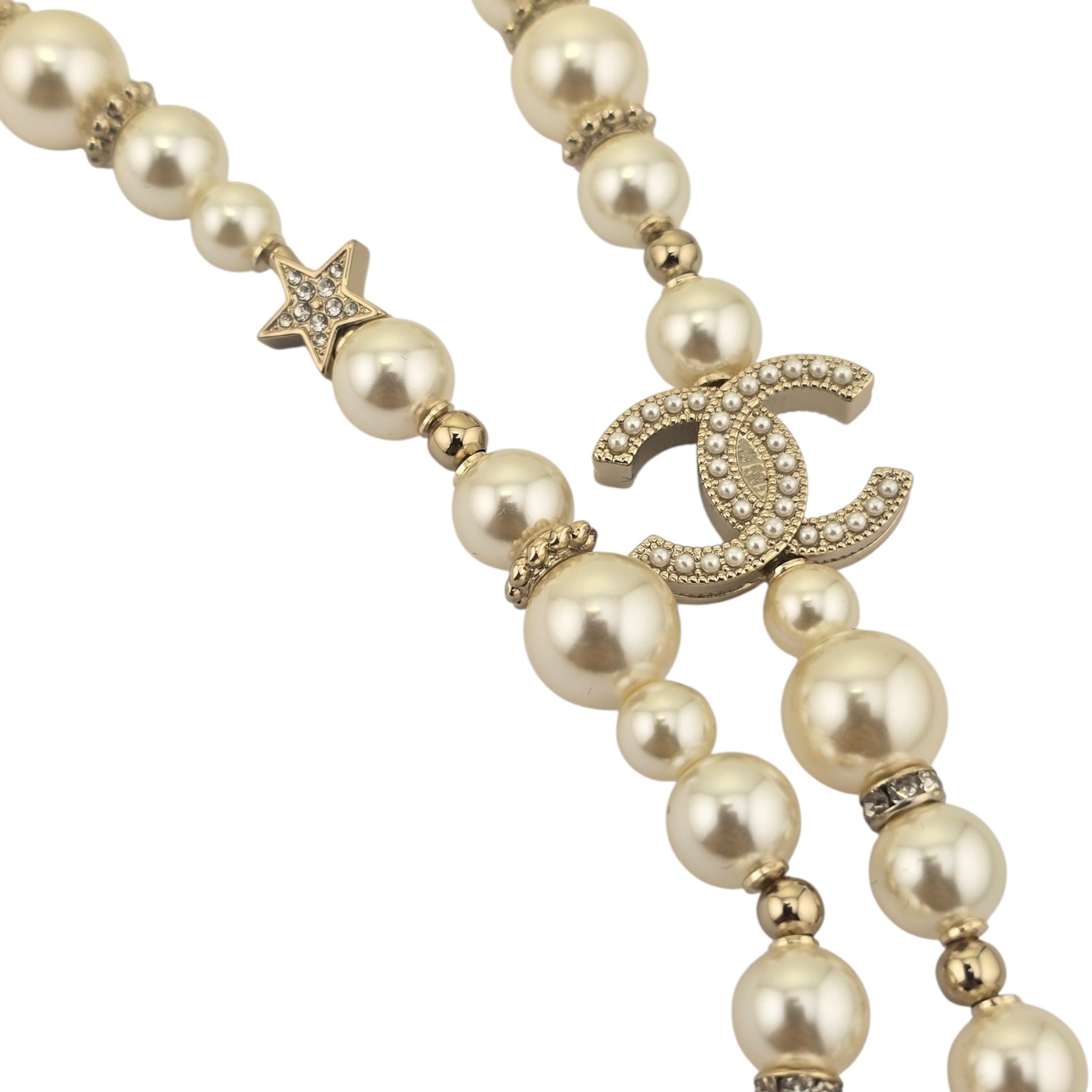 Chanel CC Long Faux Pearl Necklace Star Crystals 2025 CHANEL