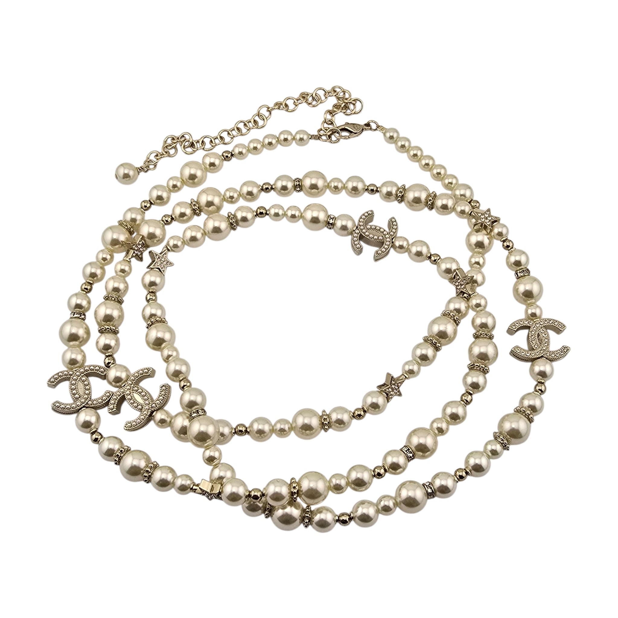 Chanel CC Long Faux Pearl Necklace Star Crystals 2025 CHANEL