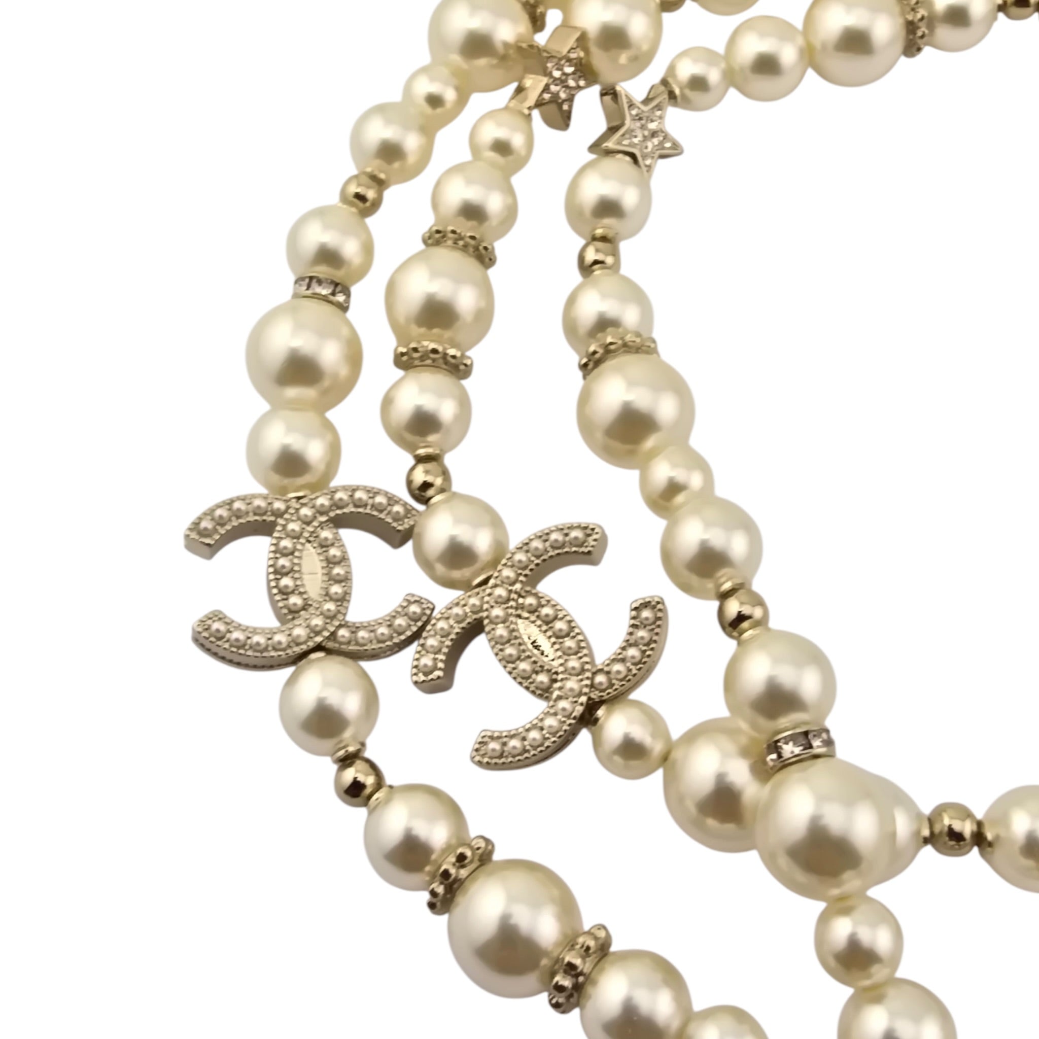 Chanel CC Long Faux Pearl Necklace Star Crystals 2025 CHANEL