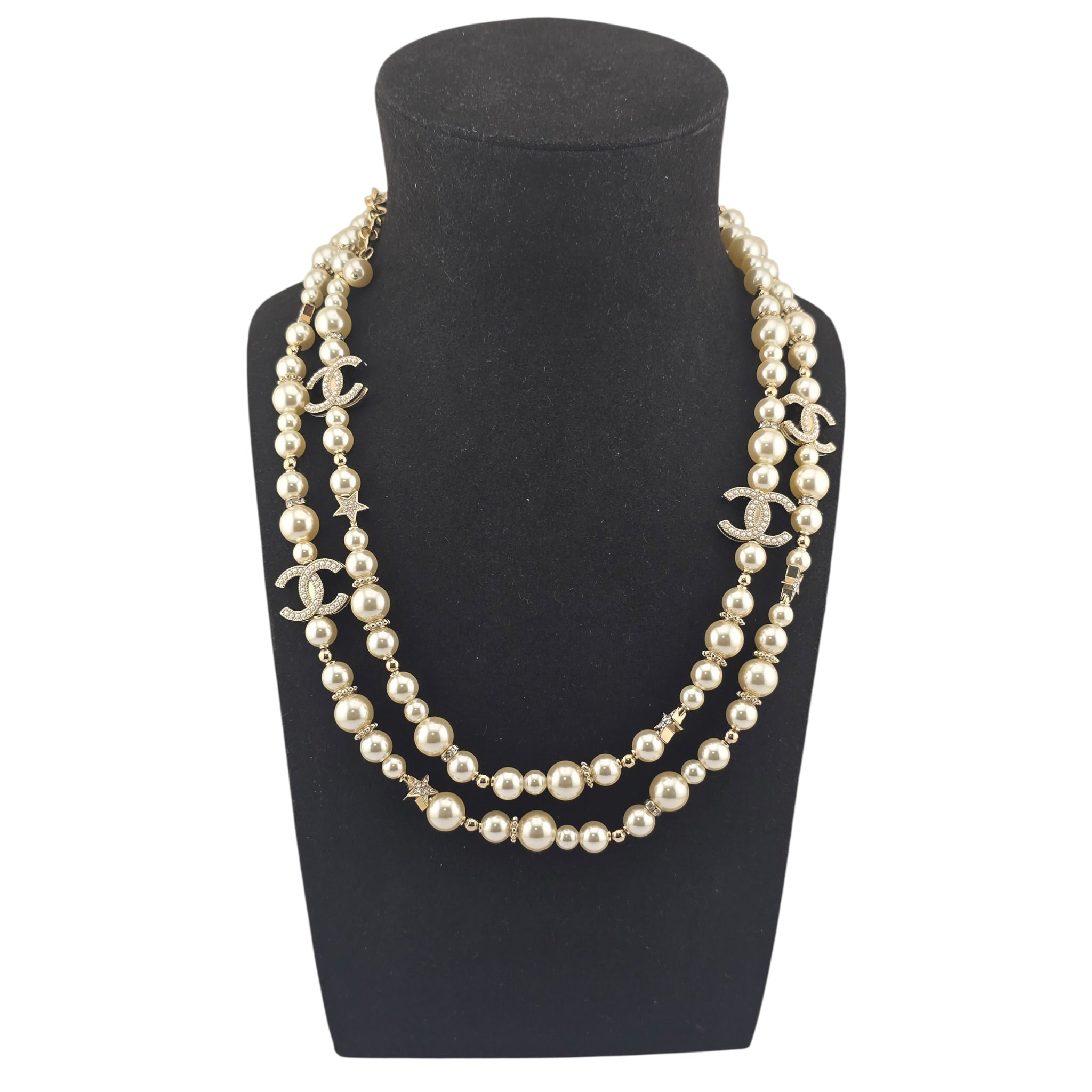 Chanel CC Long Faux Pearl Necklace Star Crystals 2025 CHANEL