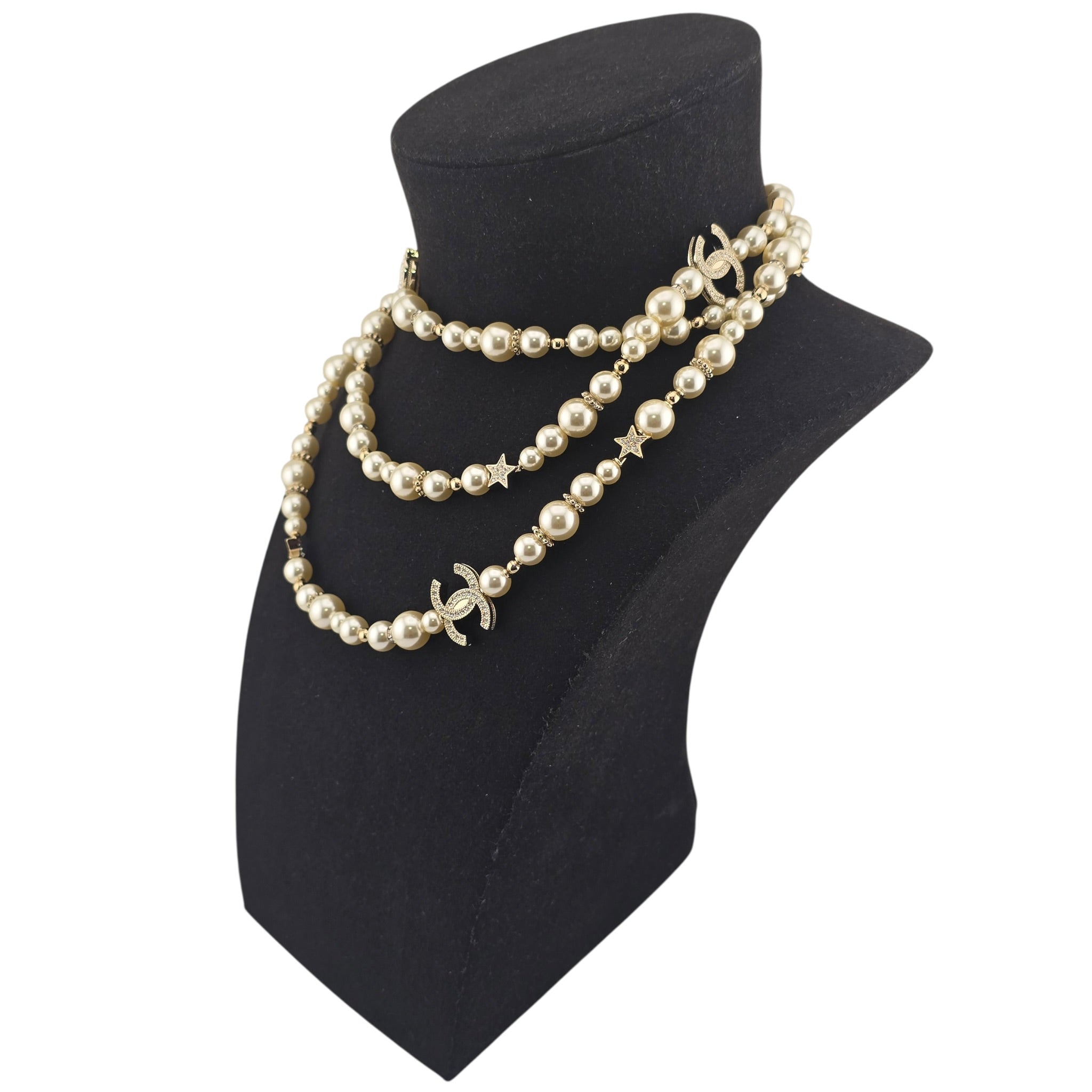 Chanel CC Long Faux Pearl Necklace Star Crystals 2025 CHANEL