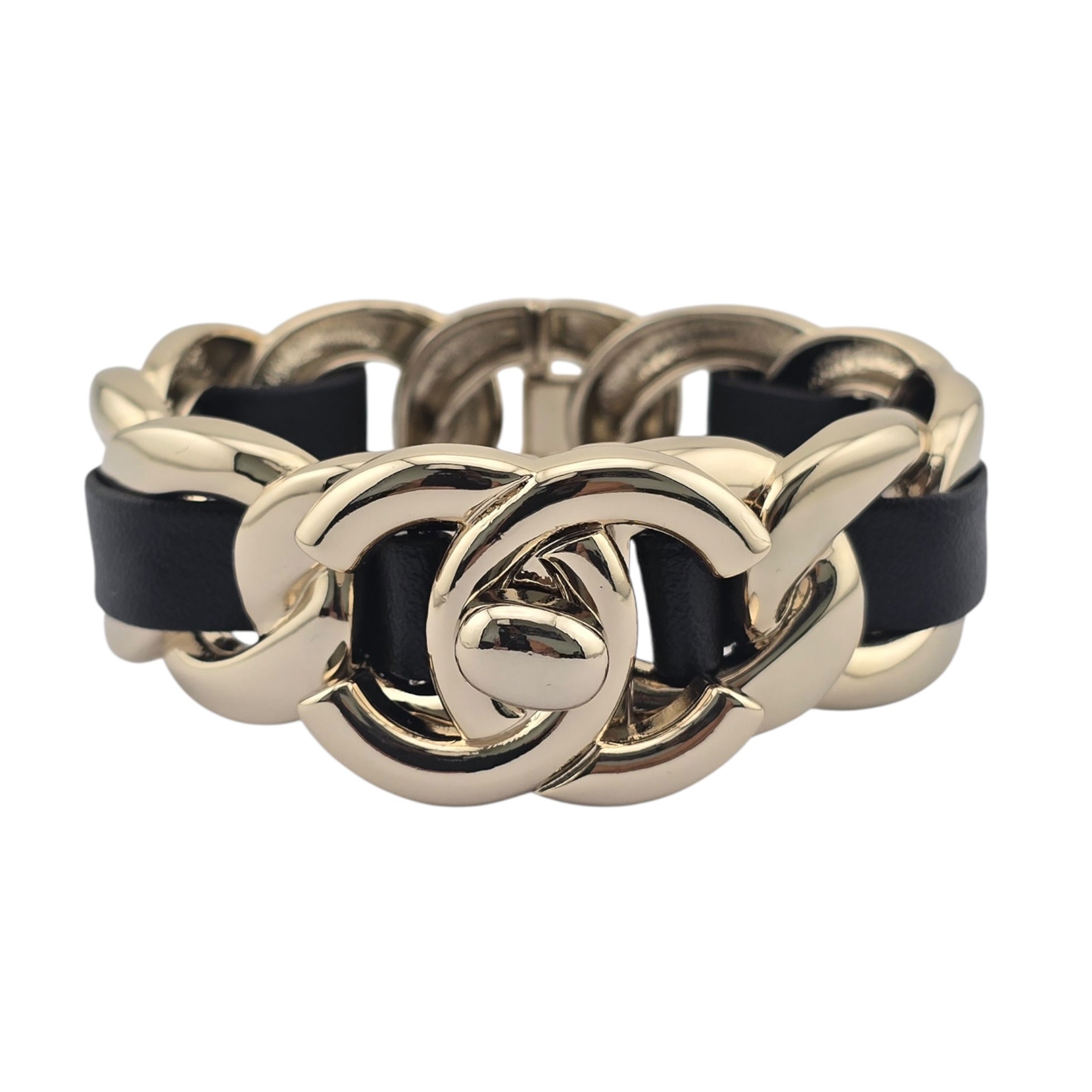 Chanel CC Turnlock Cuff Bangle Gold Lambskin Leather CHANEL