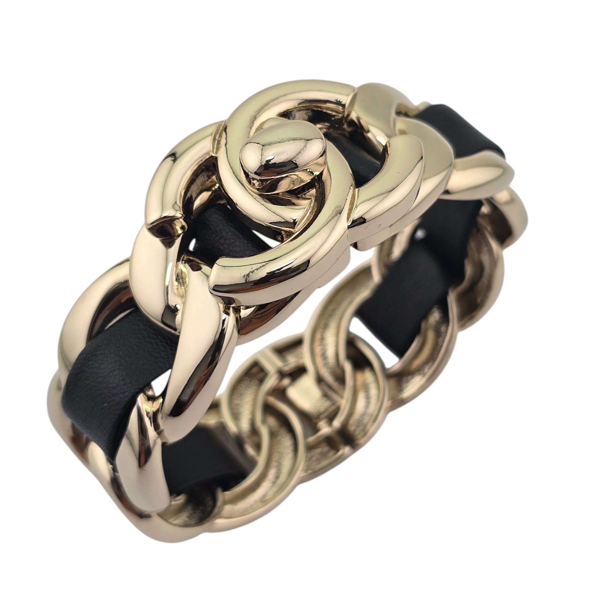 Chanel CC Turnlock Cuff Bangle Gold Lambskin Leather CHANEL