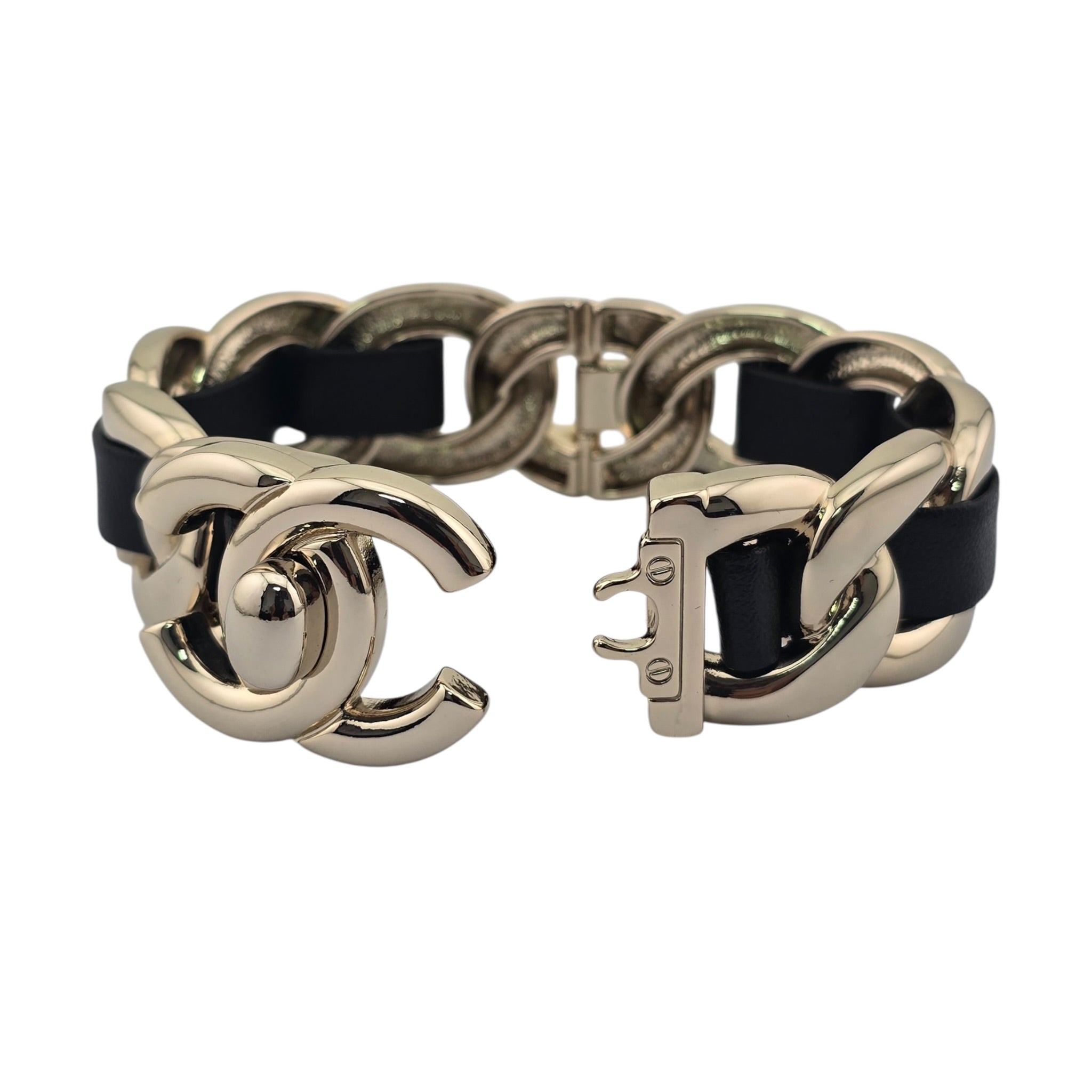 Chanel CC Turnlock Cuff Bangle Gold Lambskin Leather CHANEL