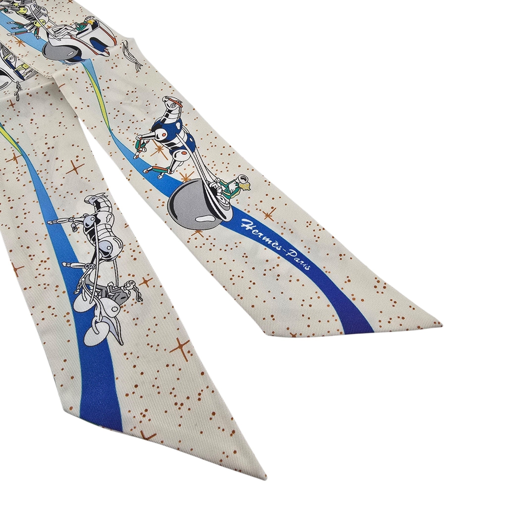 Hermes Silk Twilly "Space Derby" Creme and Bleu Multi HERMES