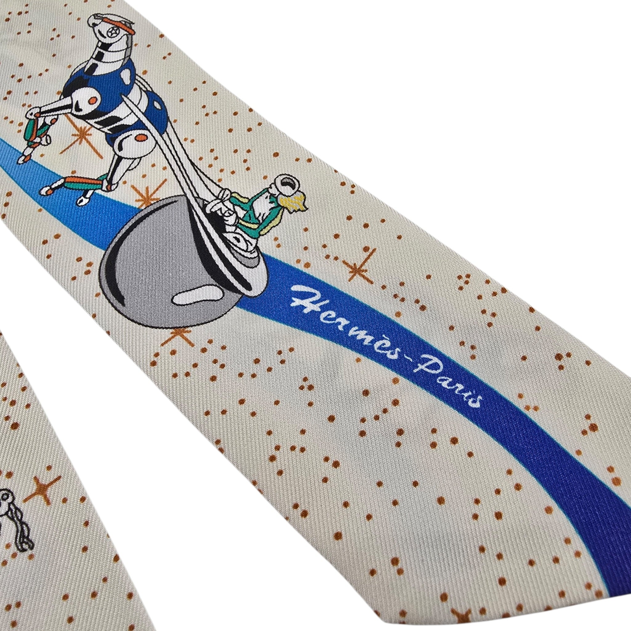Hermes Silk Twilly "Space Derby" Creme and Bleu Multi HERMES