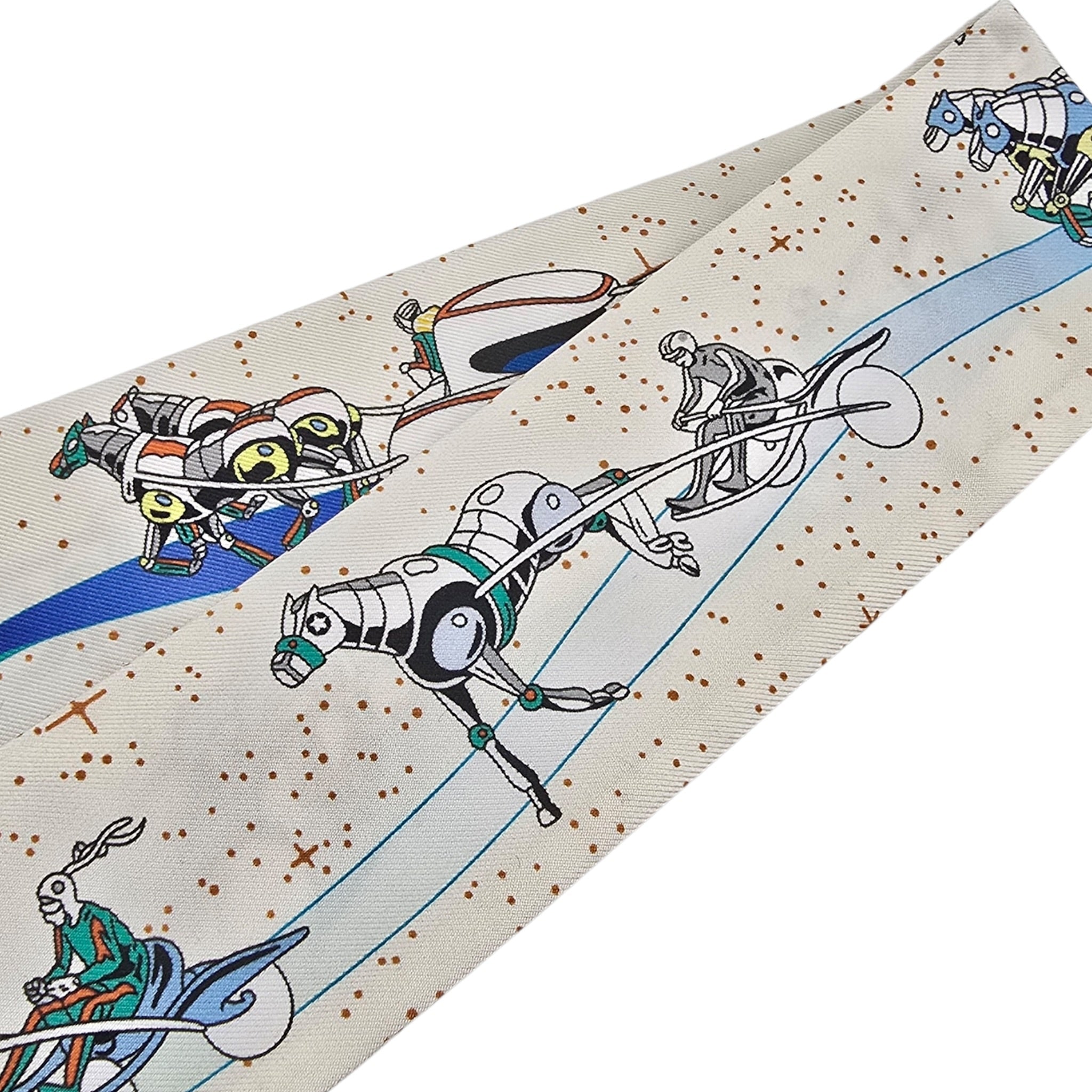 Hermes Silk Twilly "Space Derby" Creme and Bleu Multi HERMES