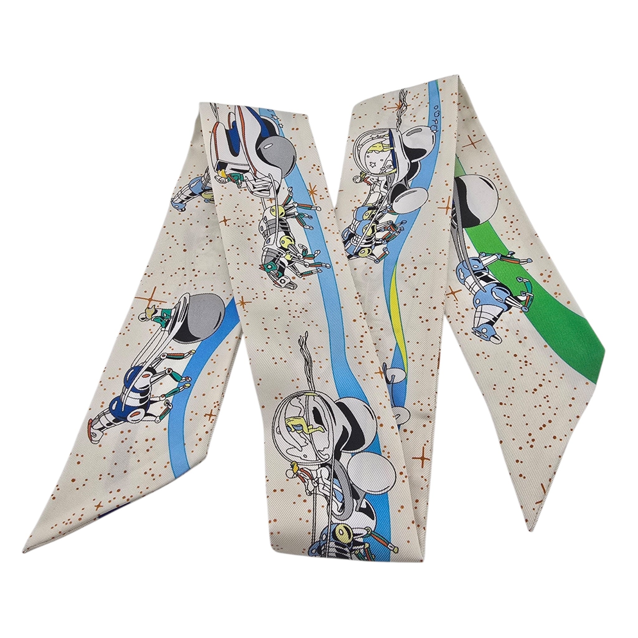 Hermes Silk Twilly "Space Derby" Creme and Bleu Multi HERMES