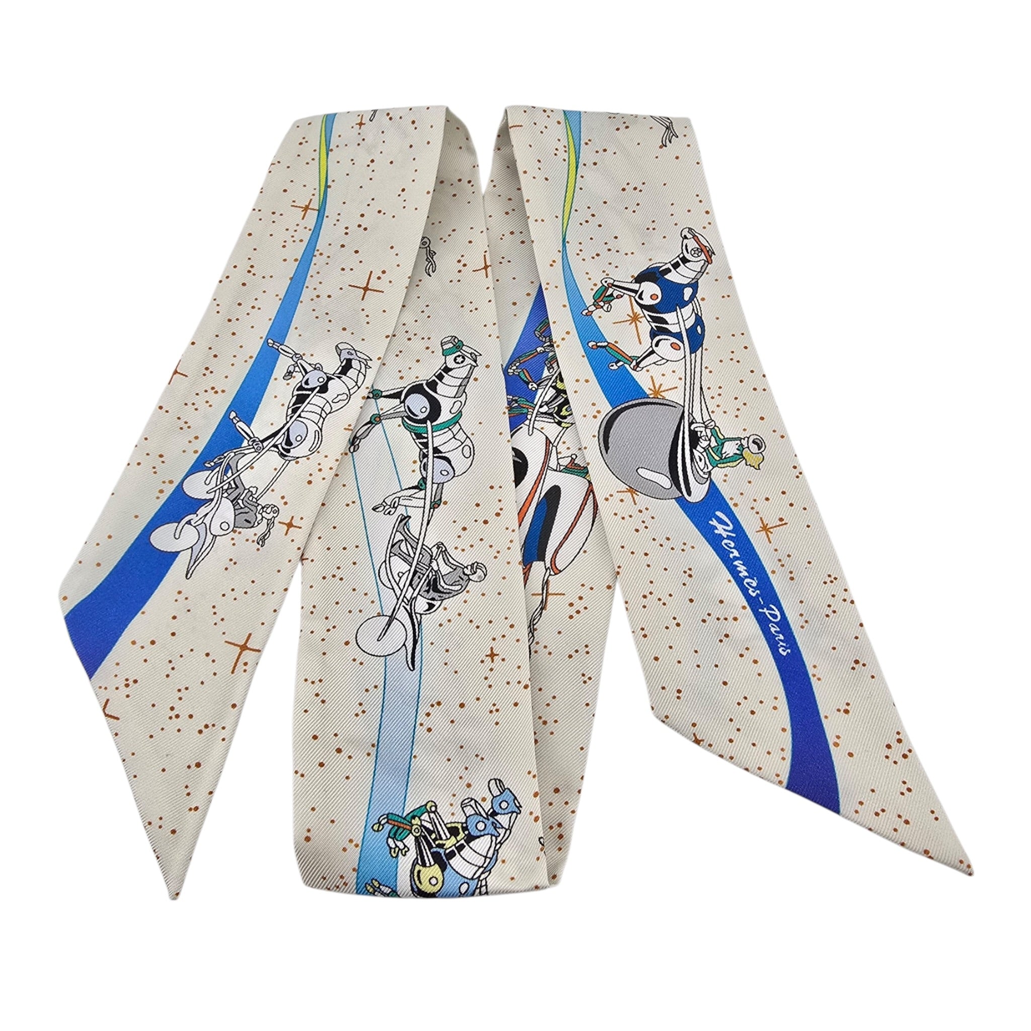 Hermes Silk Twilly "Space Derby" Creme and Bleu Multi HERMES