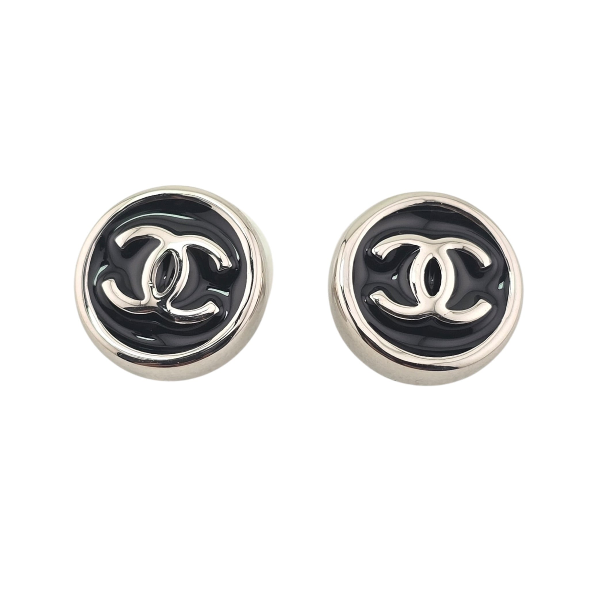 Chanel CC Round Black Silver Earrings 2026 CHANEL