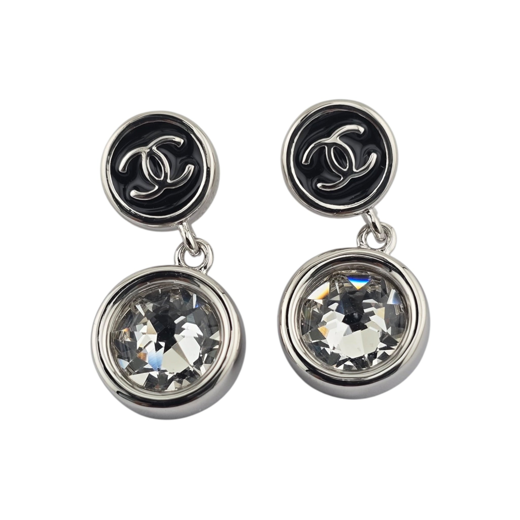 Chanel CC Round Black Drop Silver Earrings 2026 CHANEL