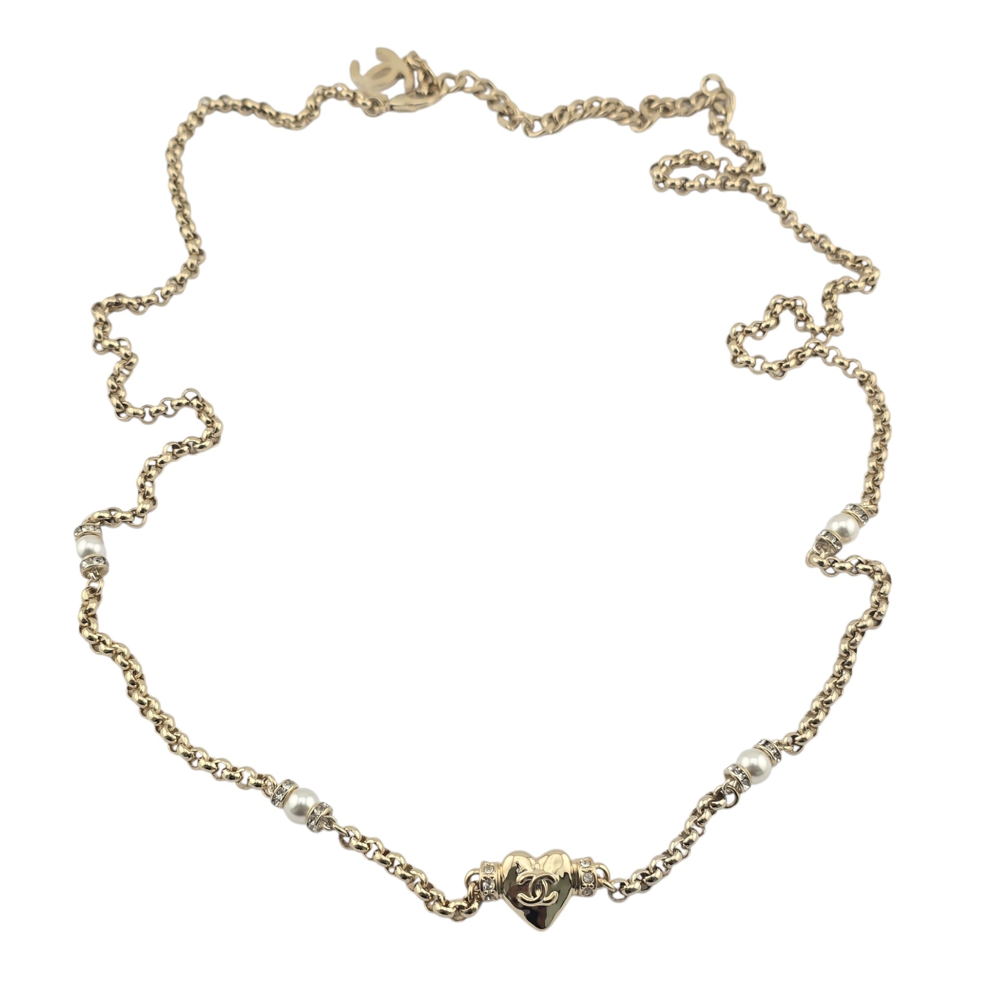 Chanel CC Gold Heart Crystal Pearl Necklace 2024 CHANEL
