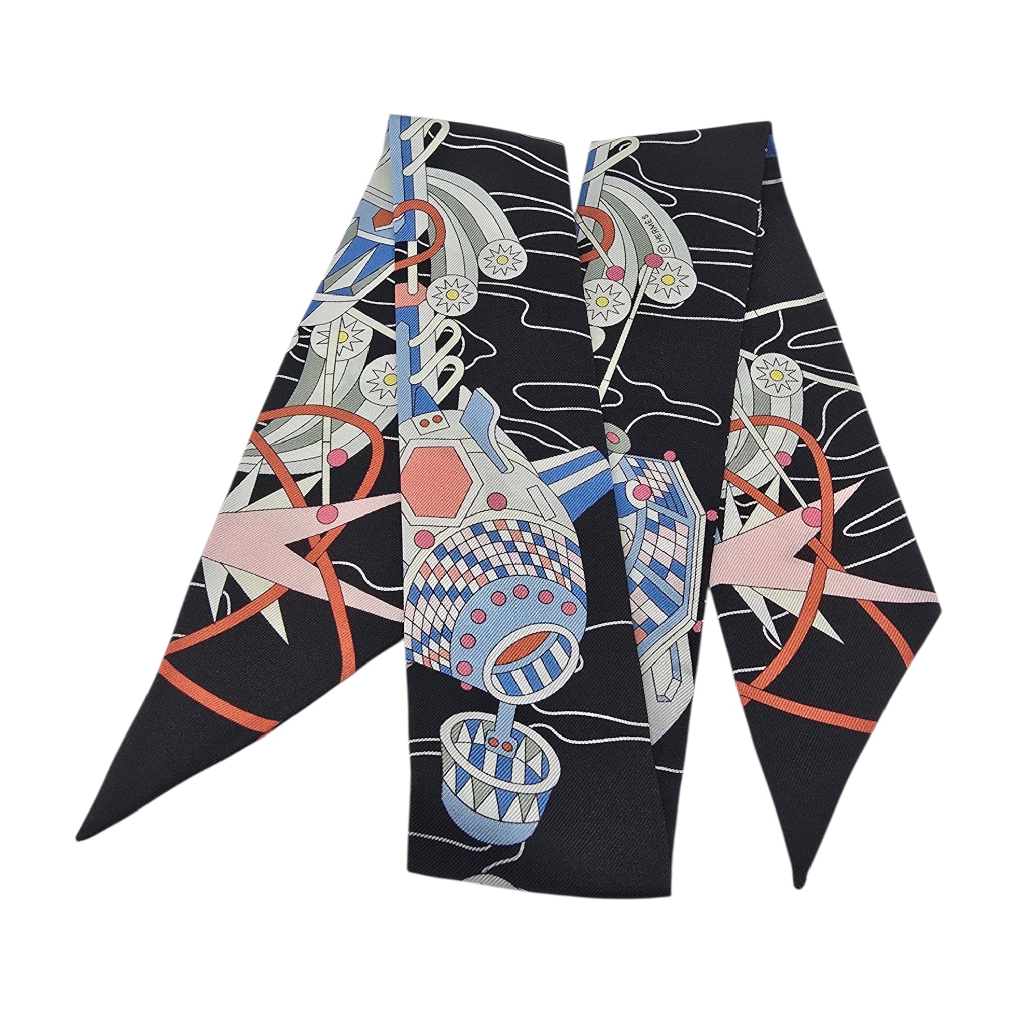 Hermes Silk Odyssey Twilly Black Bleu Ciel Rose HERMES