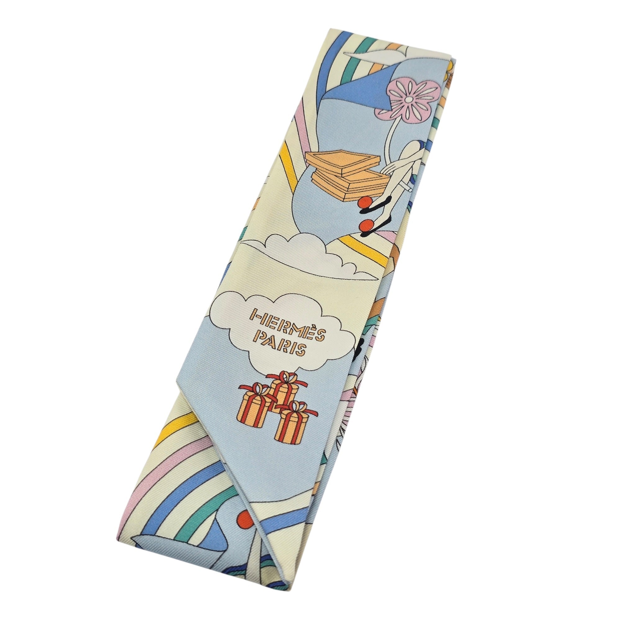 Hermes Silk Twilly Carrés Volants Gris Perle, Rose Pale HERMES