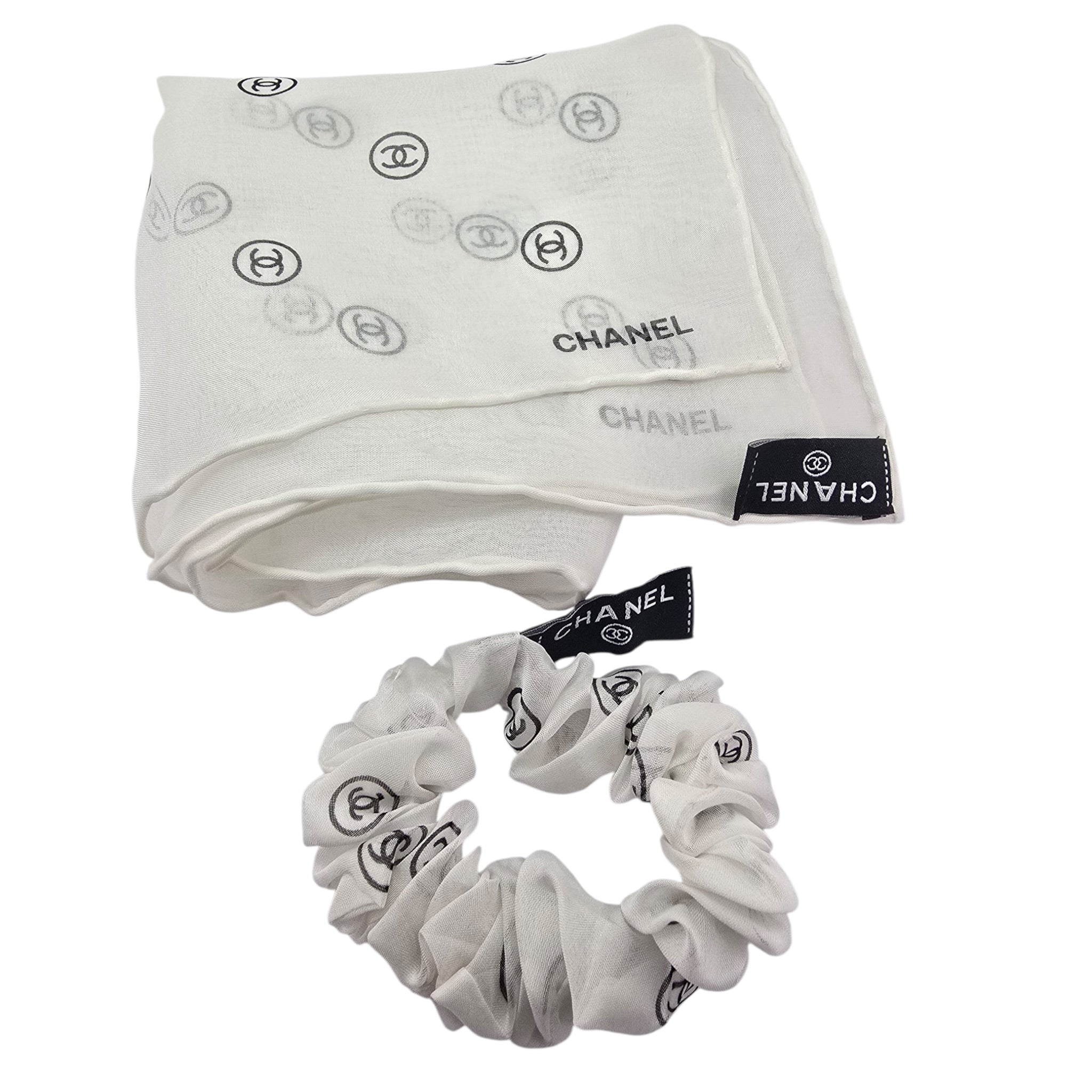 Chanel CC Silk Scarf Scrunchie White CHANEL