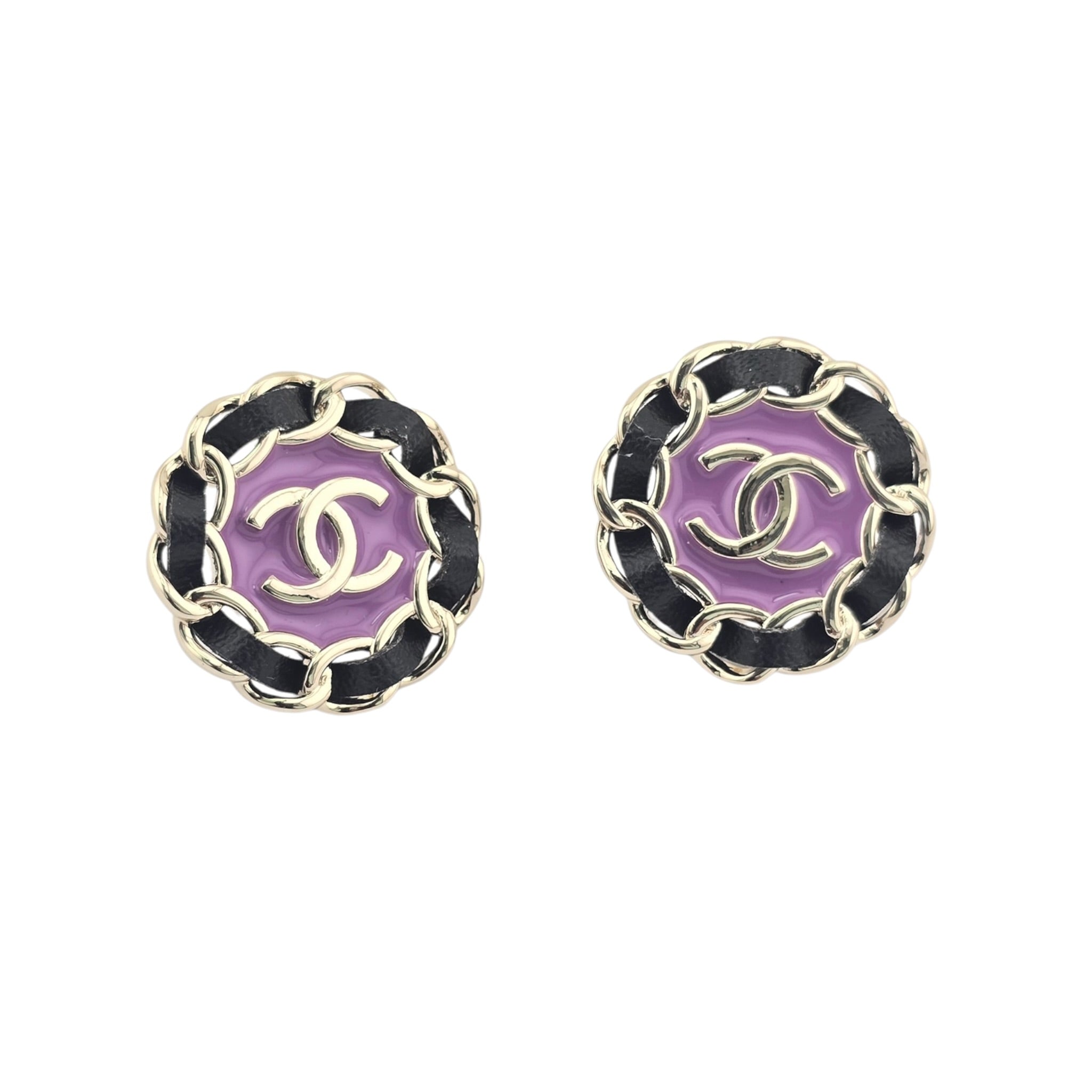 Chanel CC Black Leather Purple Round Earrings 2024 CHANEL