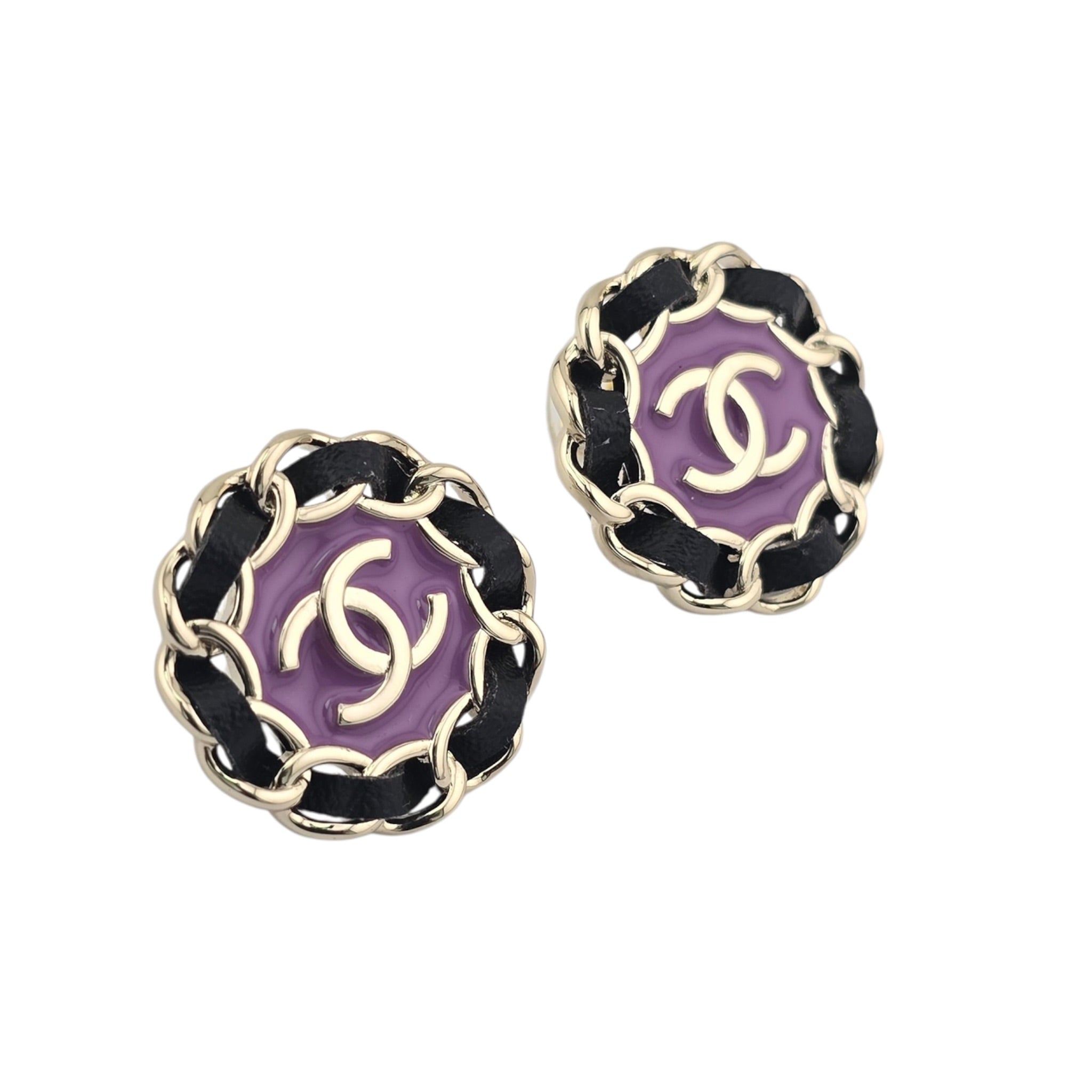 Chanel CC Black Leather Purple Round Earrings 2024 CHANEL