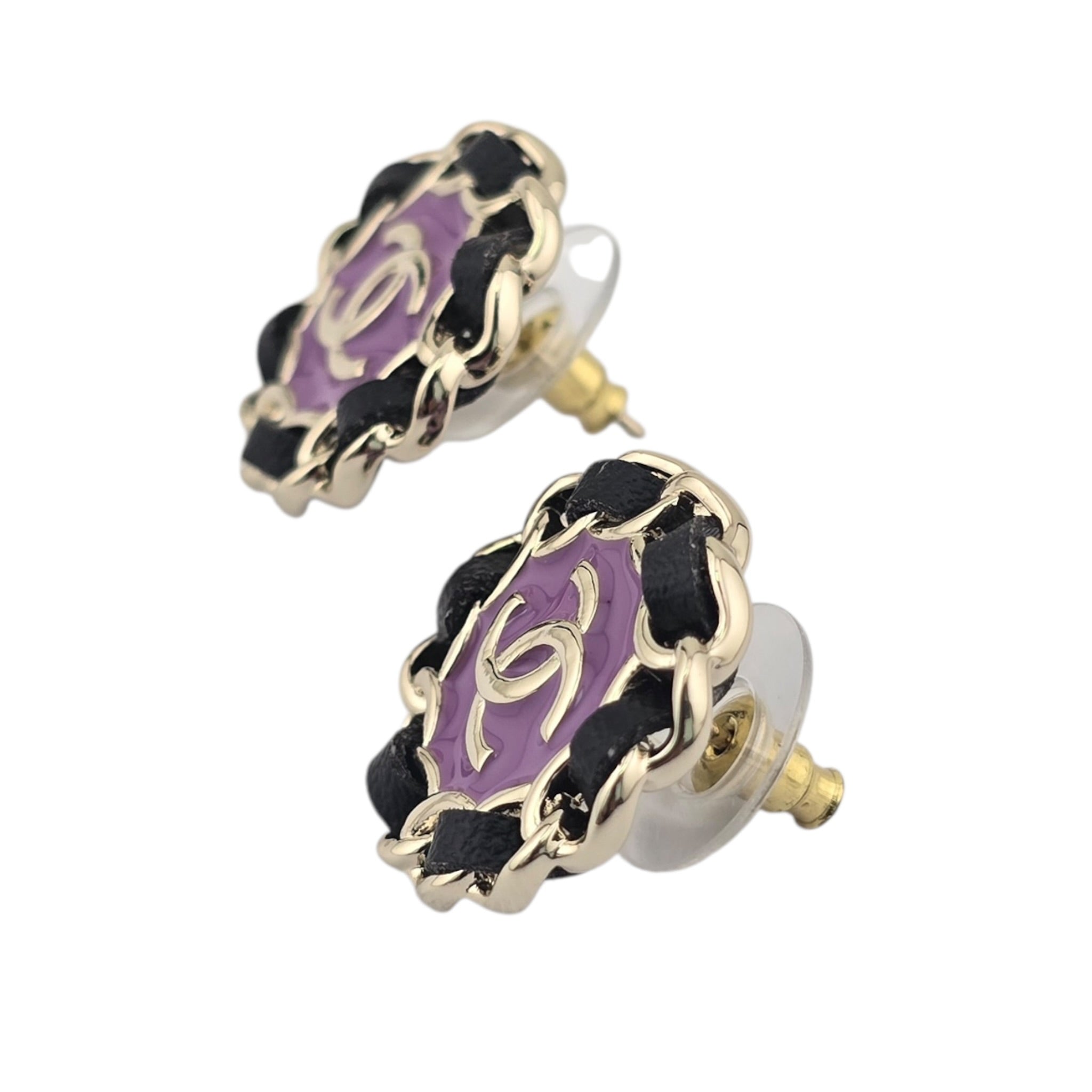 Chanel CC Black Leather Purple Round Earrings 2024 CHANEL