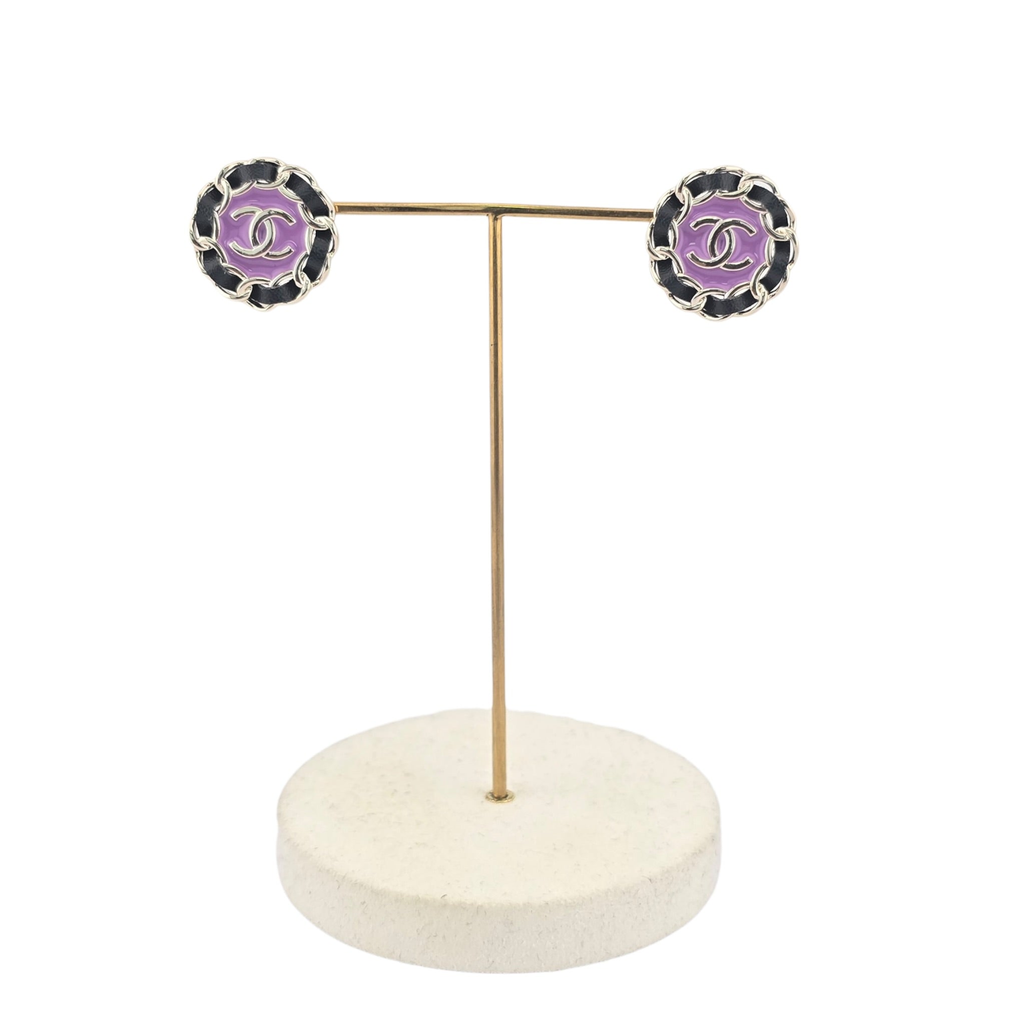 Chanel CC Black Leather Purple Round Earrings 2024 CHANEL