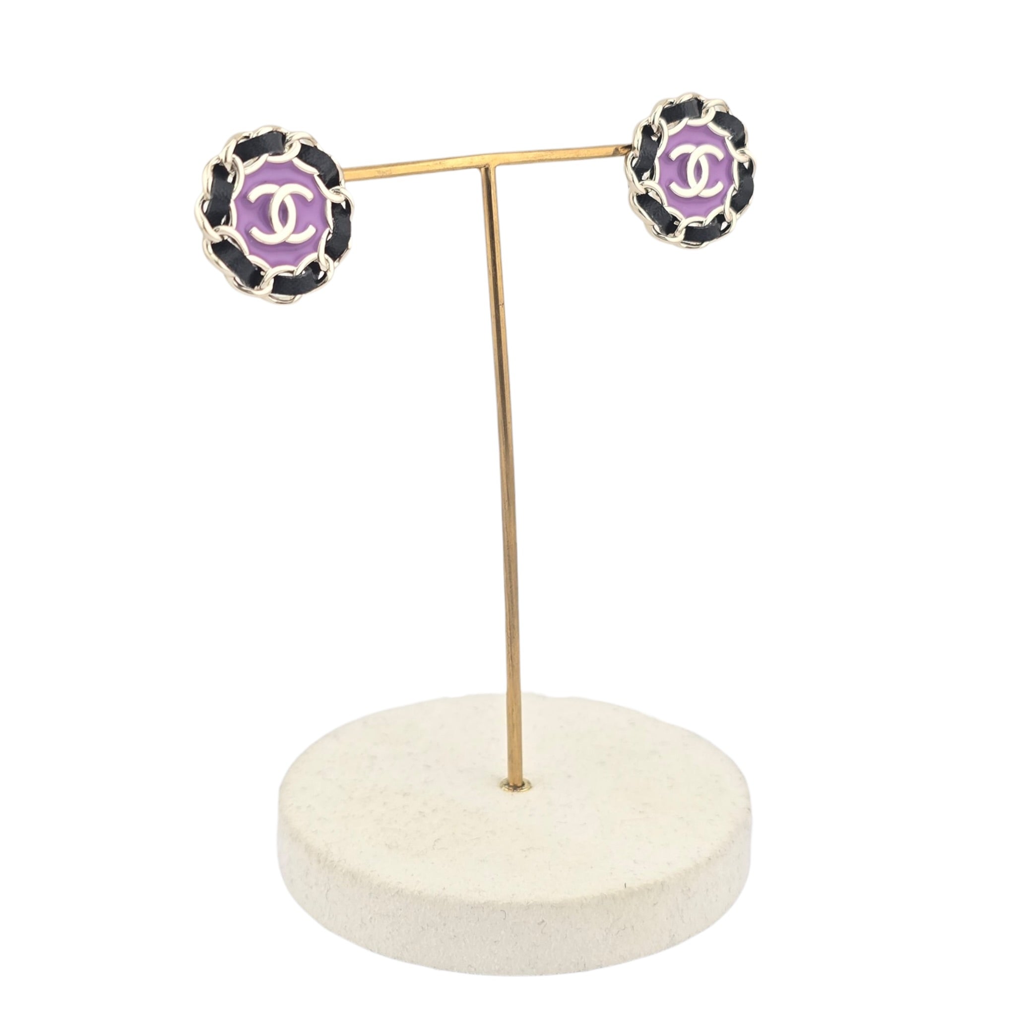Chanel CC Black Leather Purple Round Earrings 2024 CHANEL