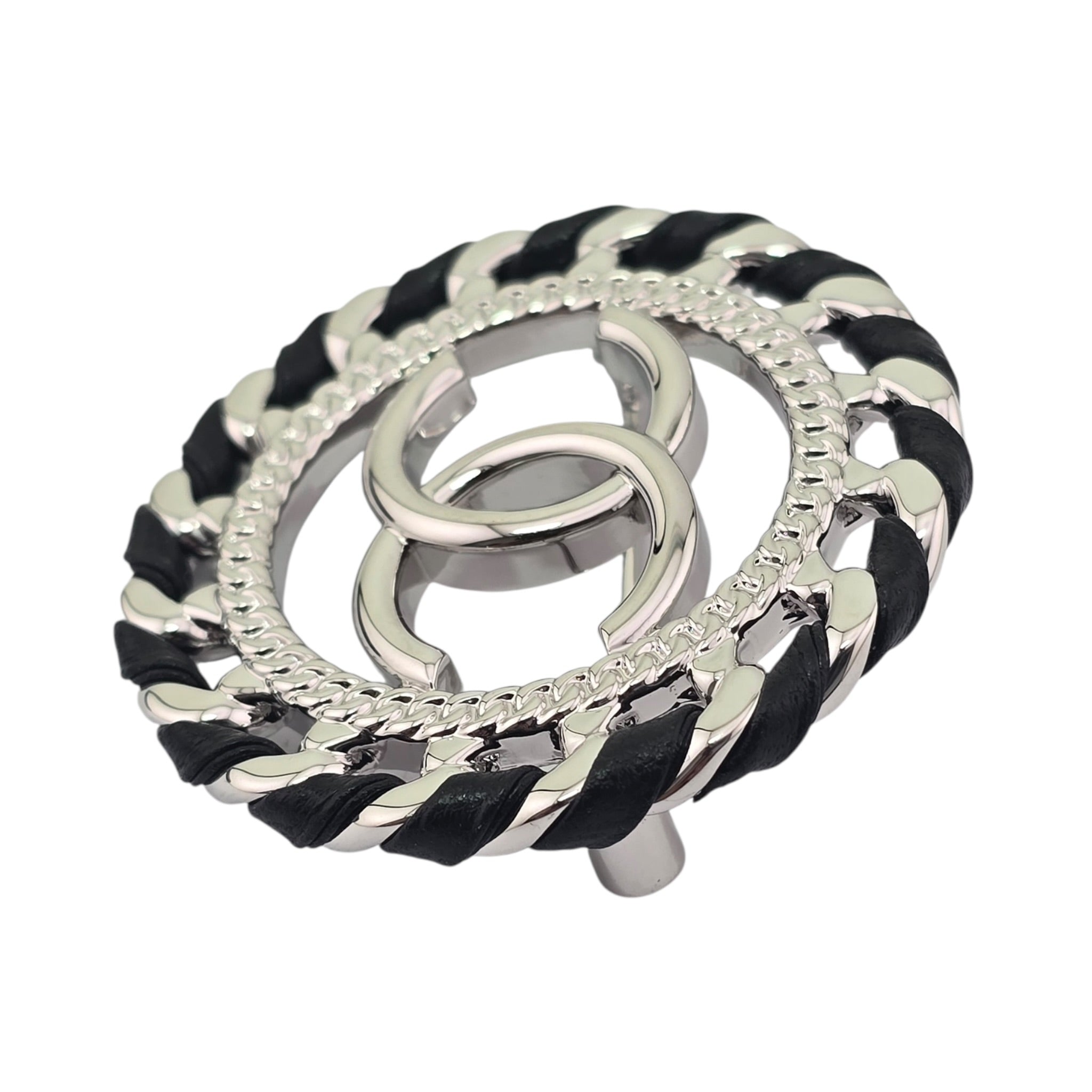 Chanel CC Lambskin Black Silver Round Brooch 2026 CHANEL