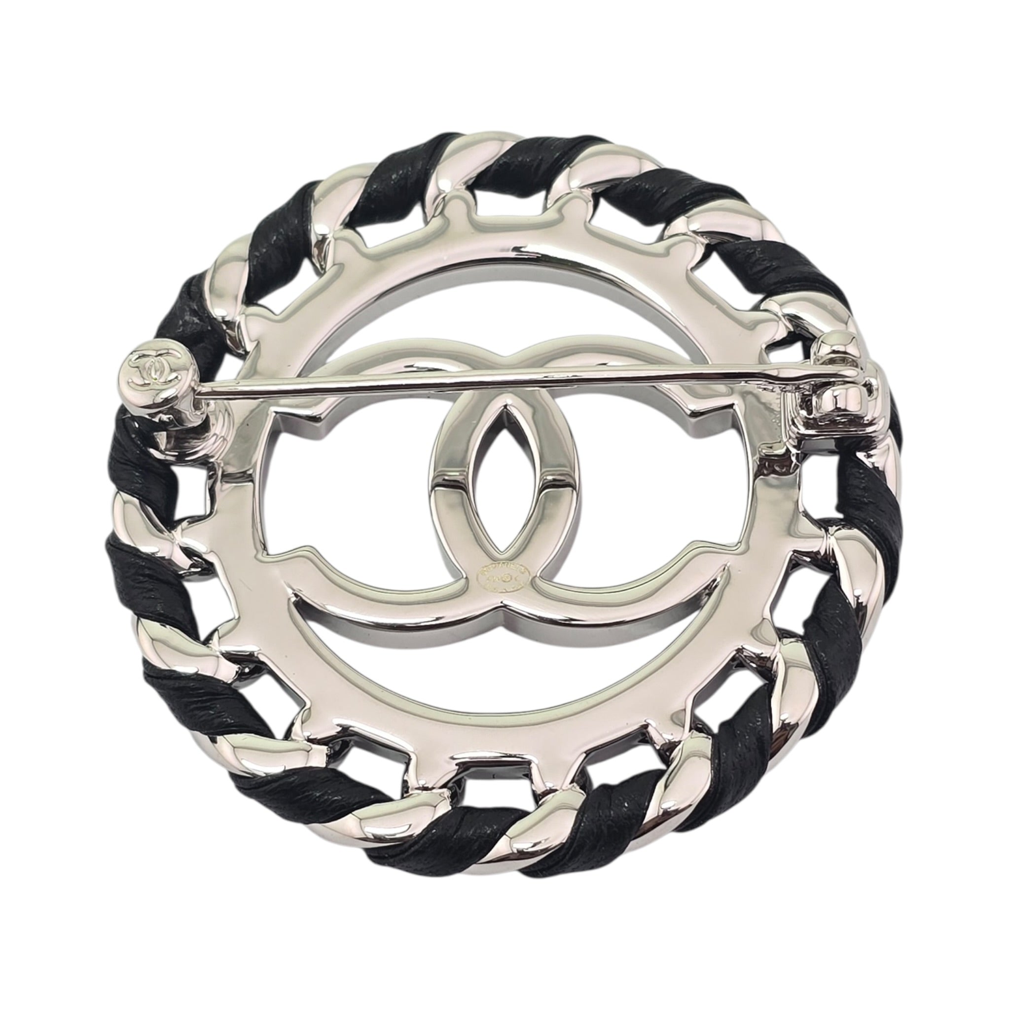 Chanel CC Lambskin Black Silver Round Brooch 2026 CHANEL
