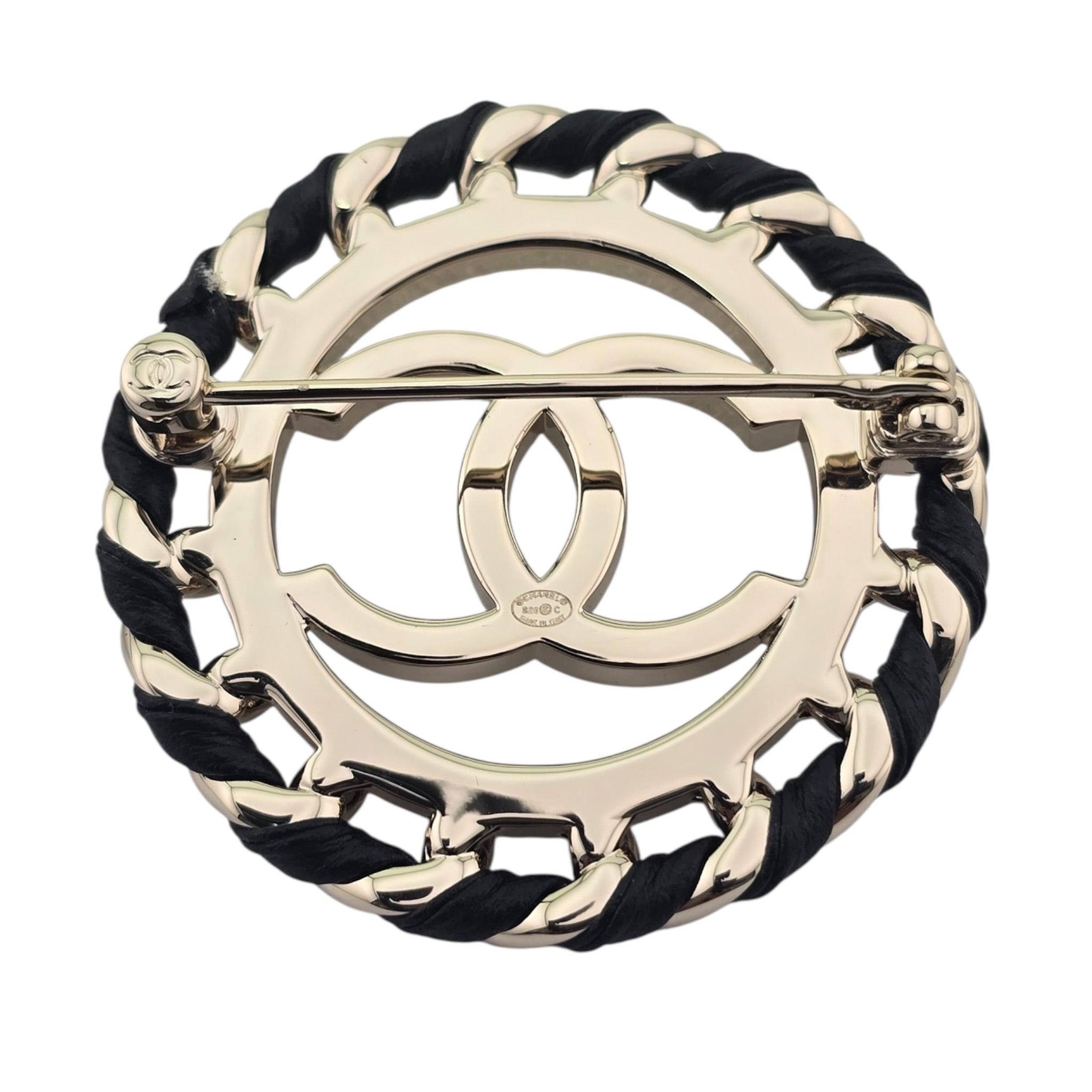 Chanel CC Lambskin Black Gold Round Brooch 2026 CHANEL