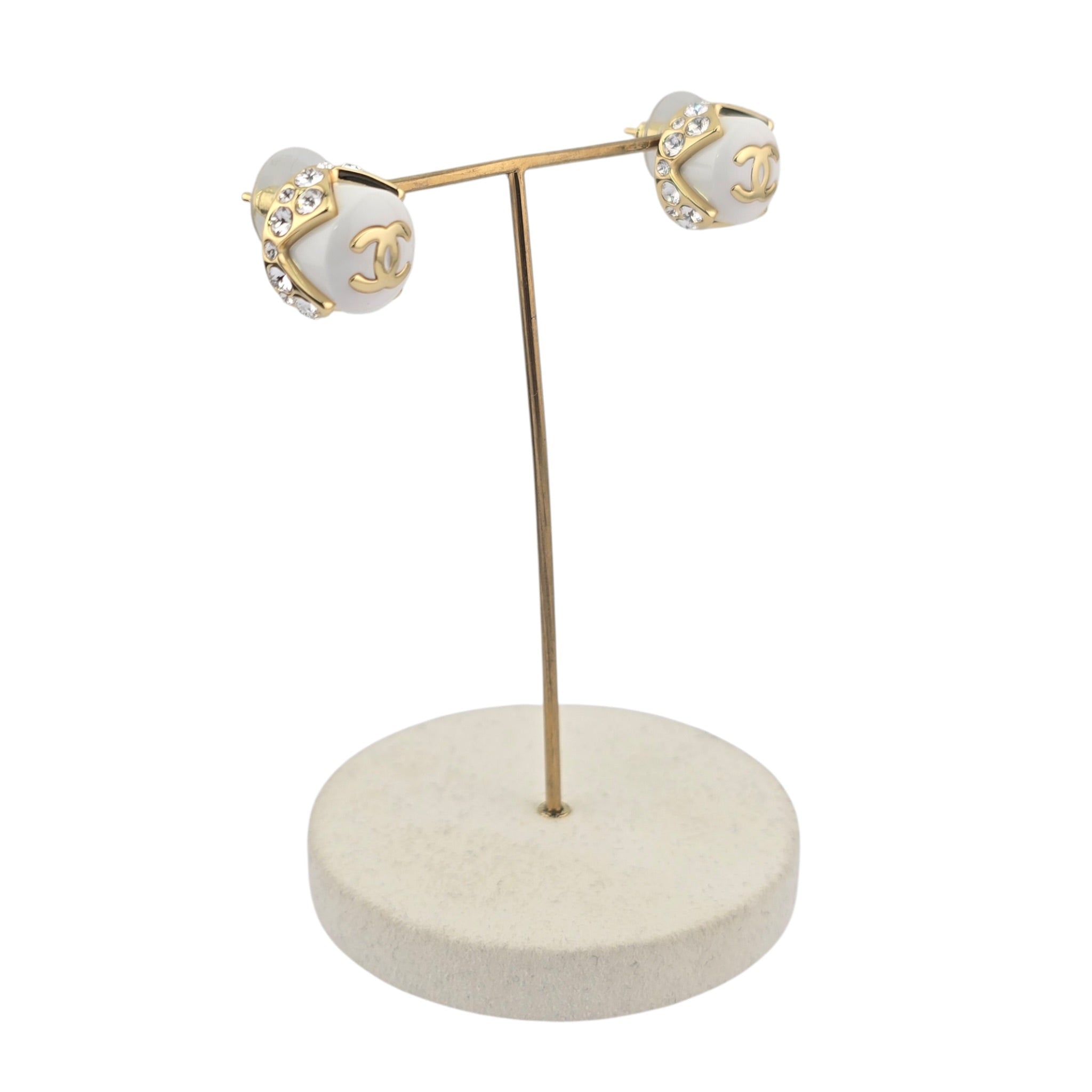 Chanel CC White Gold Enamel Round Earrings 2026 CHANEL