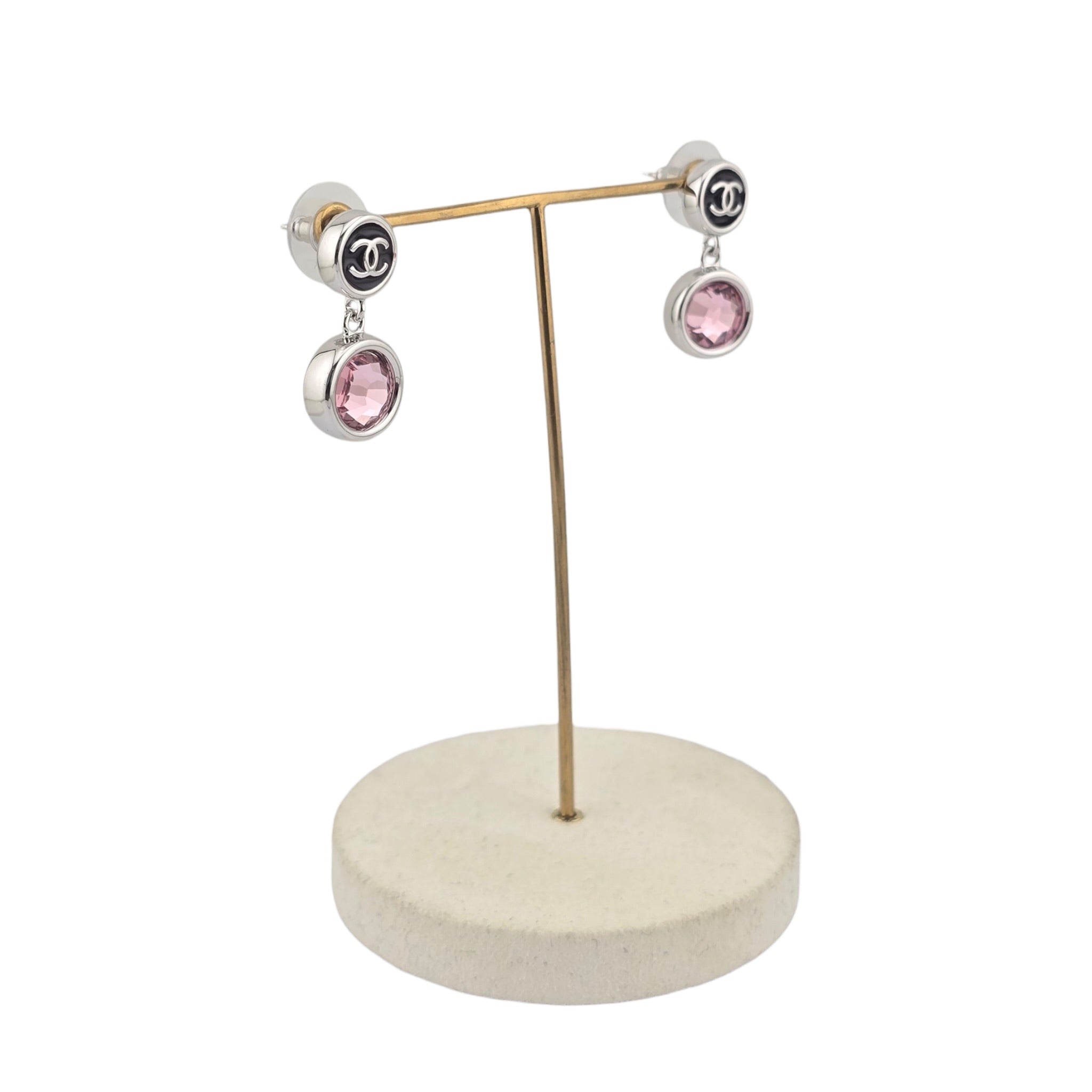 Chanel CC Round Black Drop Pink Silver Earrings 2026 CHANEL