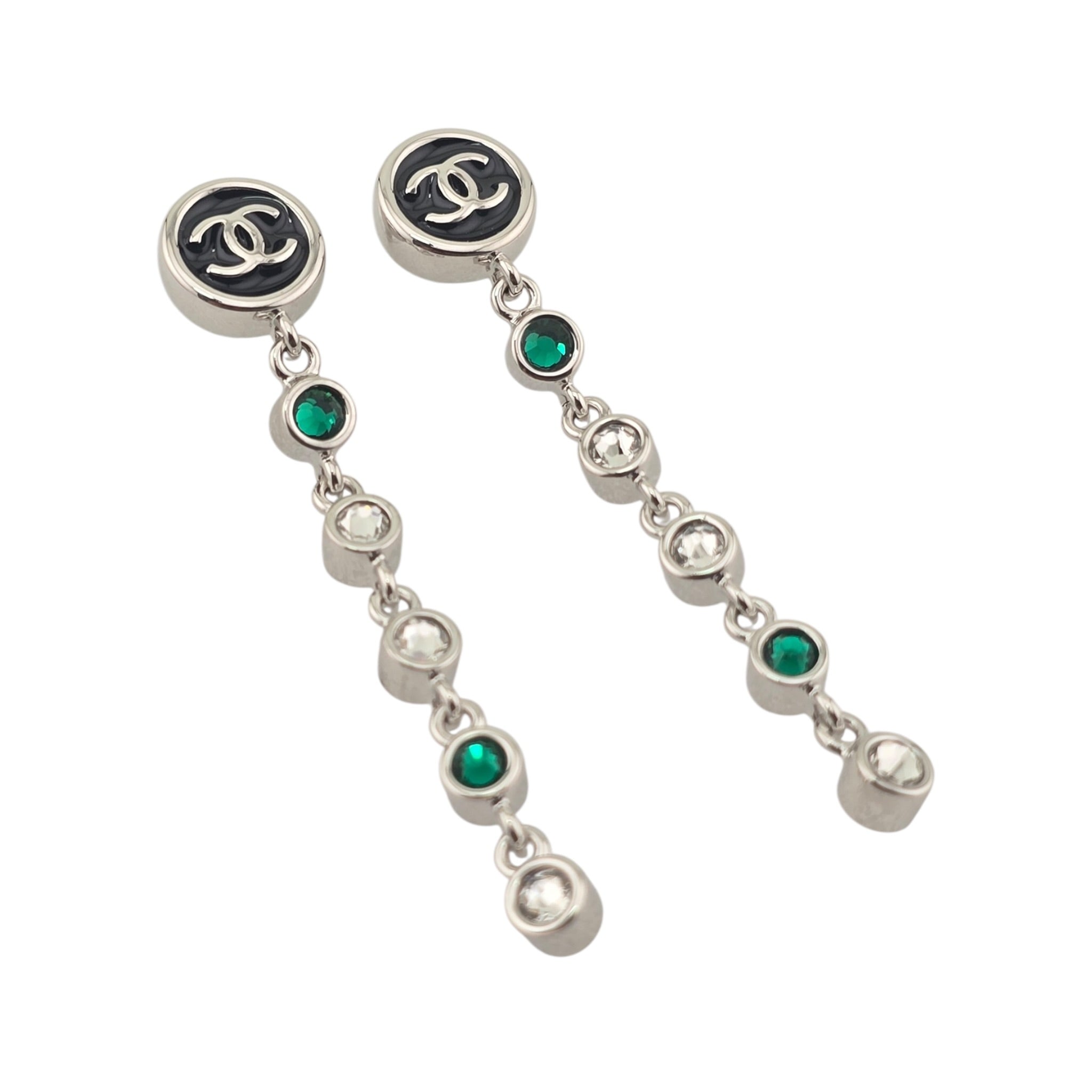 Chanel CC Round Black Drop Green Silver Earrings 2026 CHANEL