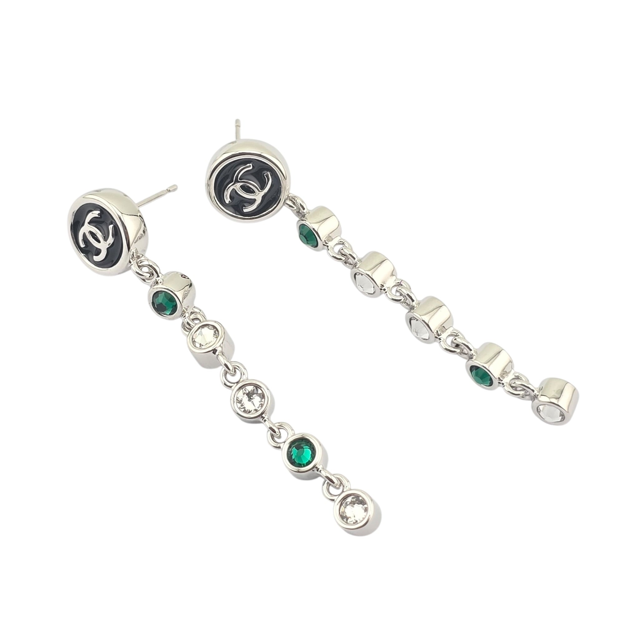 Chanel CC Round Black Drop Green Silver Earrings 2026 CHANEL