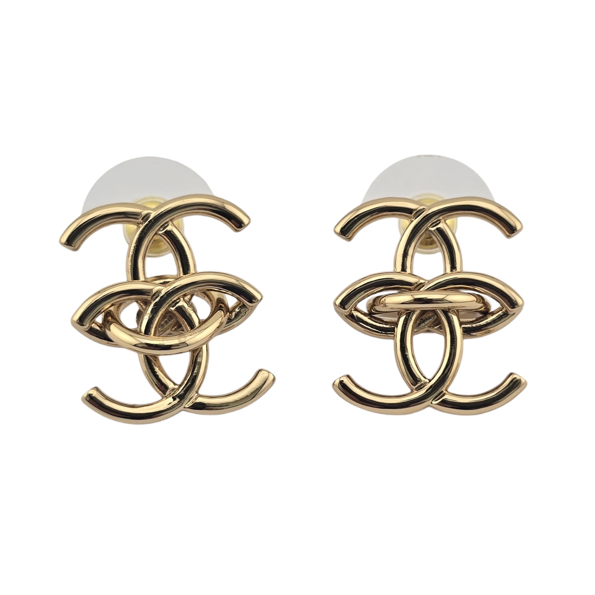 Chanel CC Metal Double Interlock Gold Earrings CHANEL