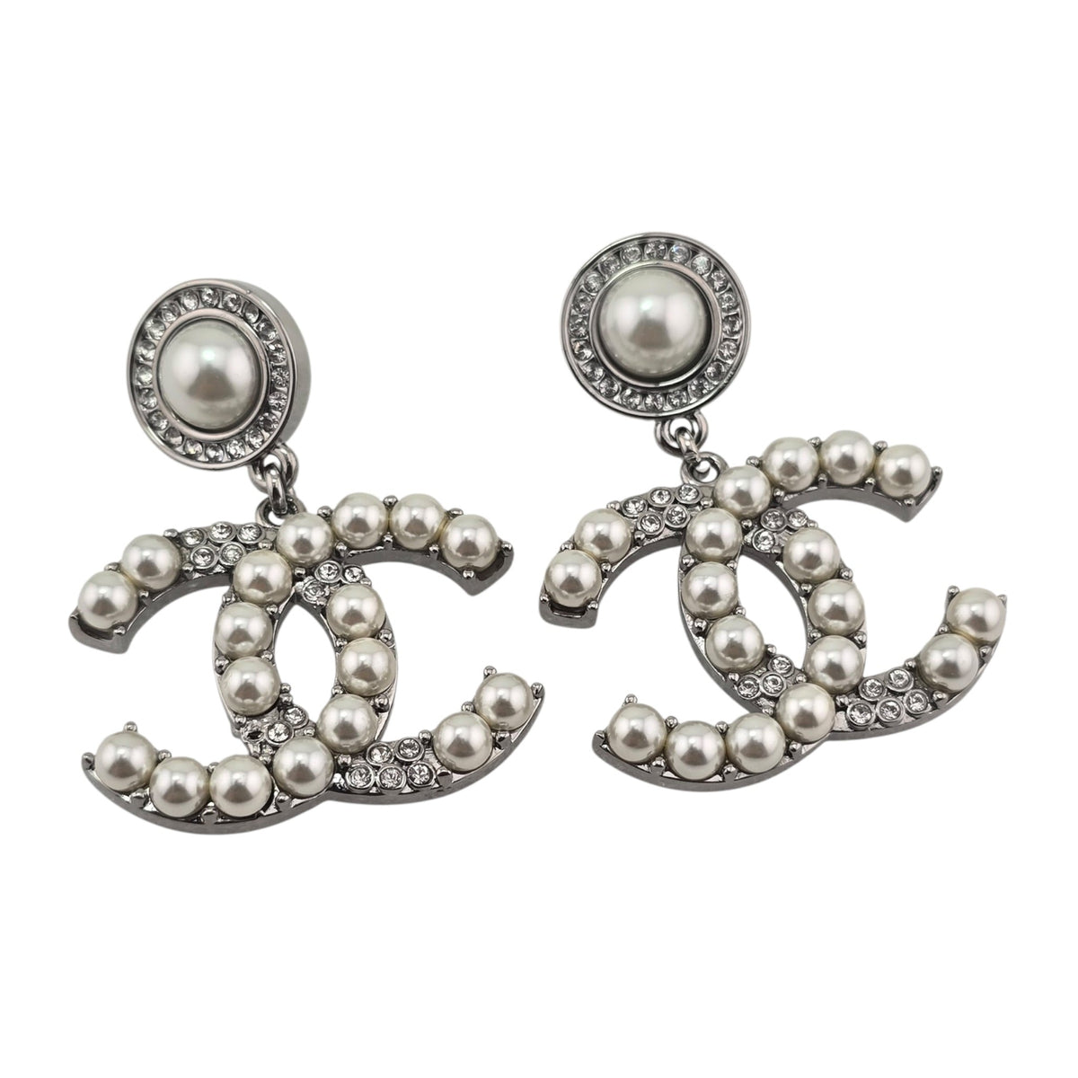 Chanel CC Ruthenium Crystal Pearl Drop Earrings 2021 CHANEL