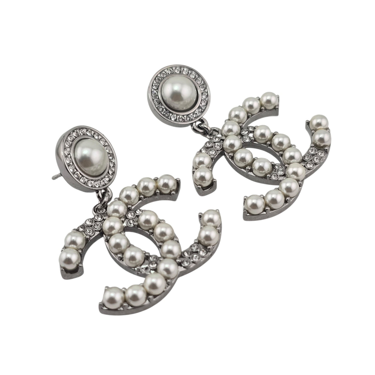 Chanel CC Ruthenium Crystal Pearl Drop Earrings 2021 CHANEL
