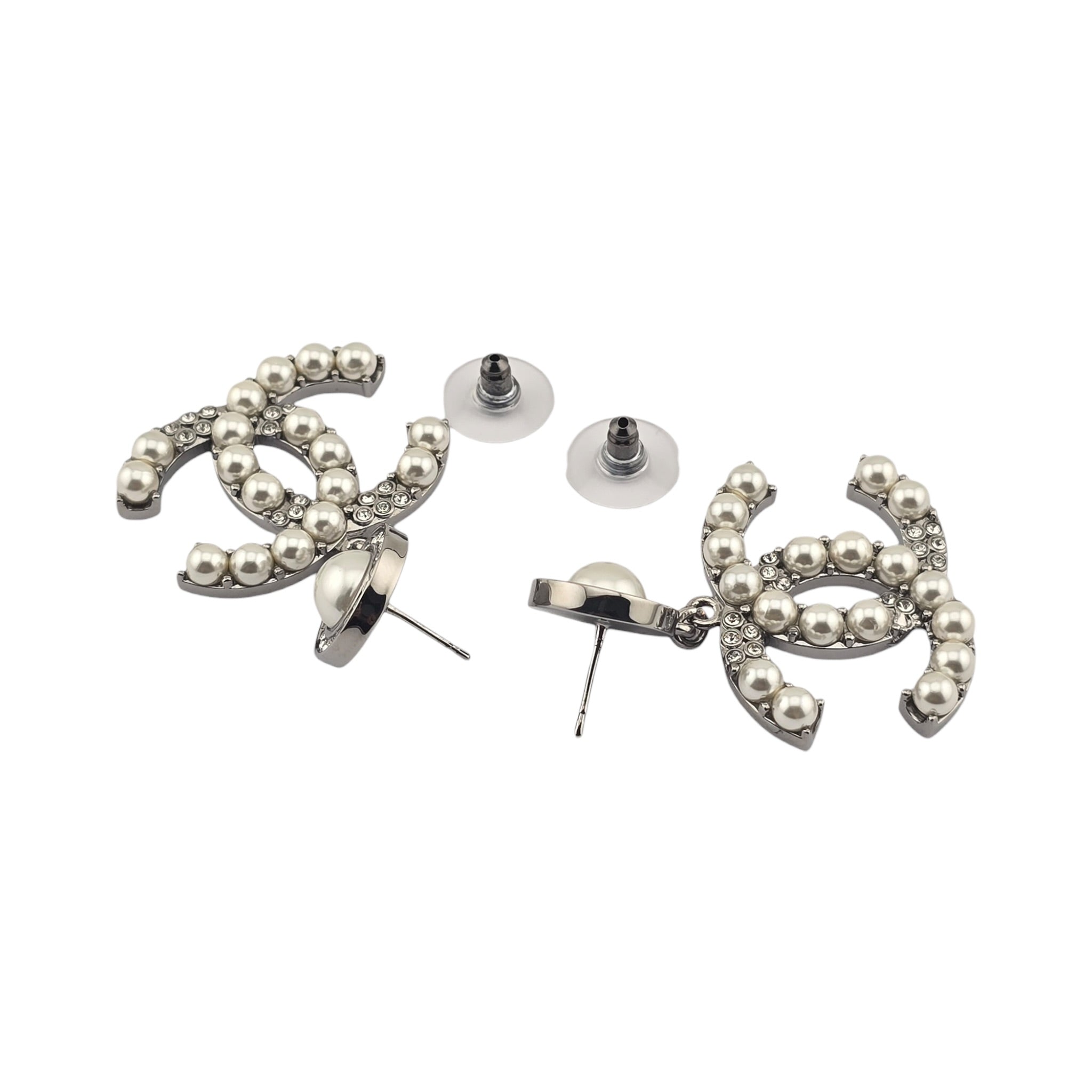 Chanel CC Ruthenium Crystal Pearl Drop Earrings 2021 CHANEL