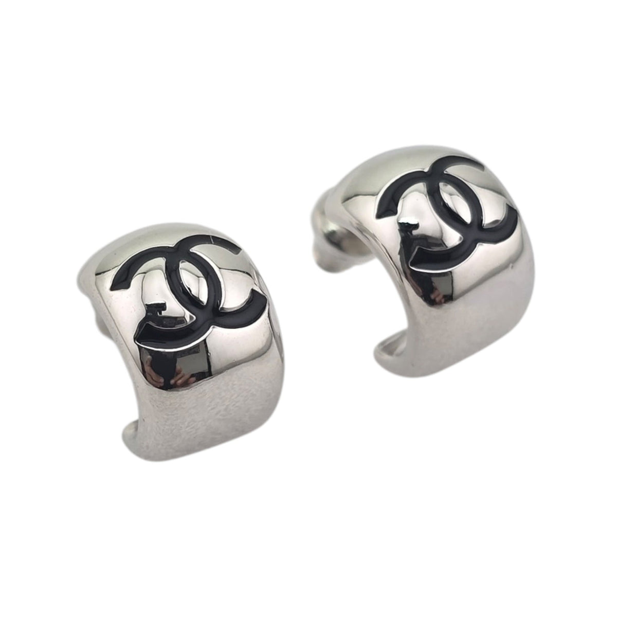 Chanel CC Metal Resin Stud Earrings Silver Black 2026 CHANEL