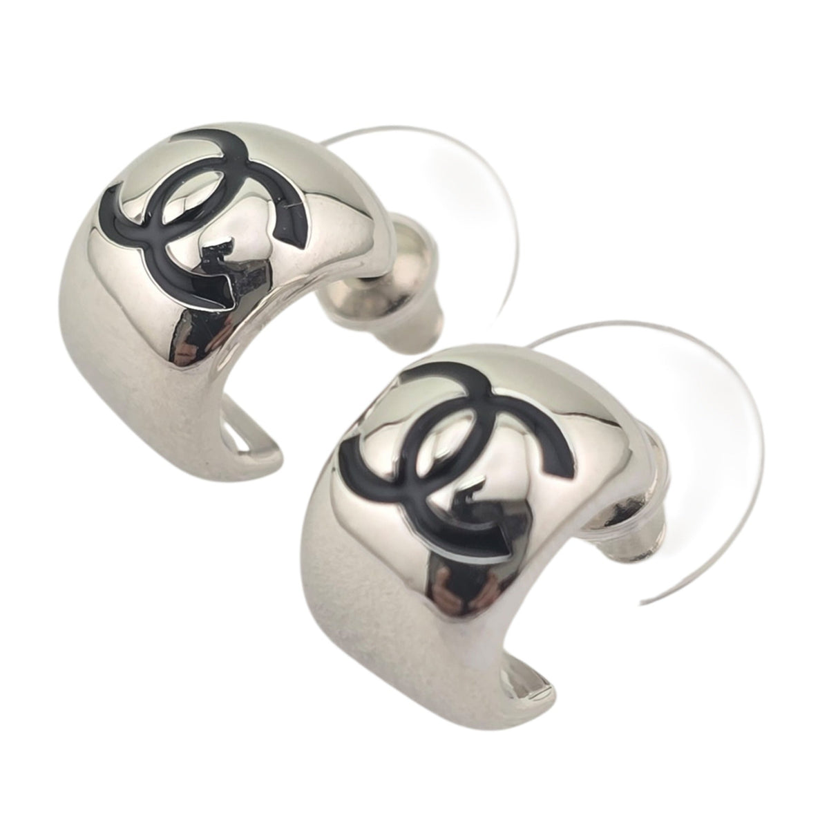 Chanel CC Metal Resin Stud Earrings Silver Black 2026 CHANEL